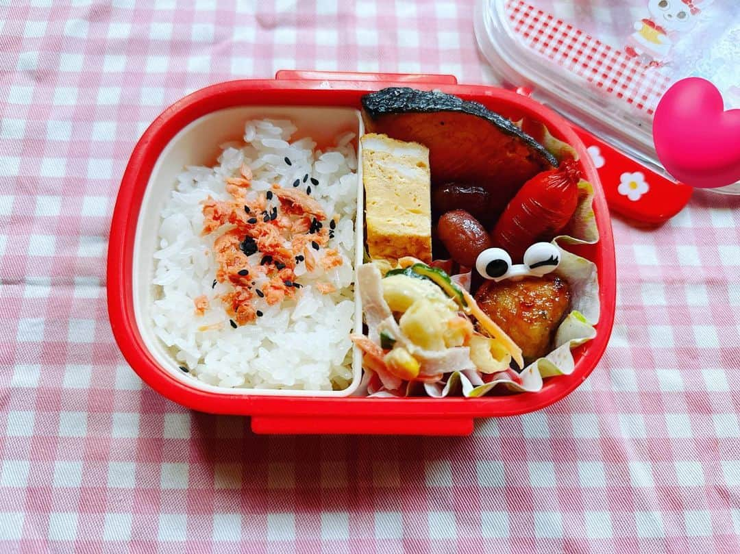 飯田圭織のインスタグラム：「娘弁当です。 同じく鮭弁当。 娘は少食で食べる事よりも目で見て楽しみたいようで ピックなどで可愛くすると喜んでくれます。 このひとつがあるかないかとでは大きな違いがあるのです💦笑 #娘弁当  #年長弁当  #少食女子  #可愛いのが好き  #鮭弁当」