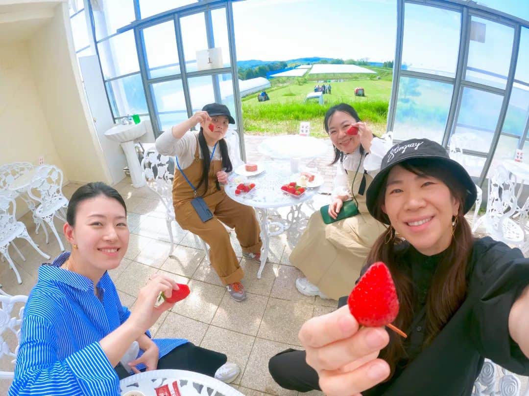 服部ひで子のインスタグラム：「5/9(水) 吉岡友見ちゃん🍓43th 生誕祭ツアーしてきました(* ´ ▽ ` *)🍃  いちご狩りしたり  とんちゃんの地元、兵庫県三田市へ「ルーツをたどる旅」をしたり😆🚗✨  彼女が生まれ育った町は 山と田んぼに囲まれ、のどかで自然が豊かな素敵な所でした。  「好きな人のルーツを辿る旅」って、最高に楽しいですね(#^.^#)🍀  バースデーガール以上に楽しんでしまったぜ👀‼️笑✨  小学校＆中学校の次は、高校＆大学見に行かなきゃ🏫‼️笑  #吉本新喜劇  #岡田直子 さん #吉岡友見 ちゃん #鮫島幸恵 ちゃん #服部ひで子」