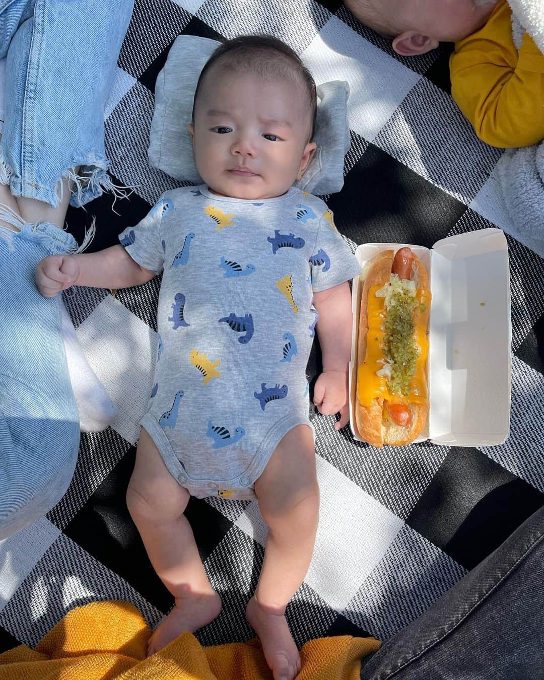 奥山春香さんのインスタグラム写真 - (奥山春香Instagram)「今日ははじめてピクニックに行ったよ🌱🦆🌭 お出かけ用にズボン履かせるけどすーぐ脱ぐ👶🏻」5月9日 17時37分 - corvetteharuka