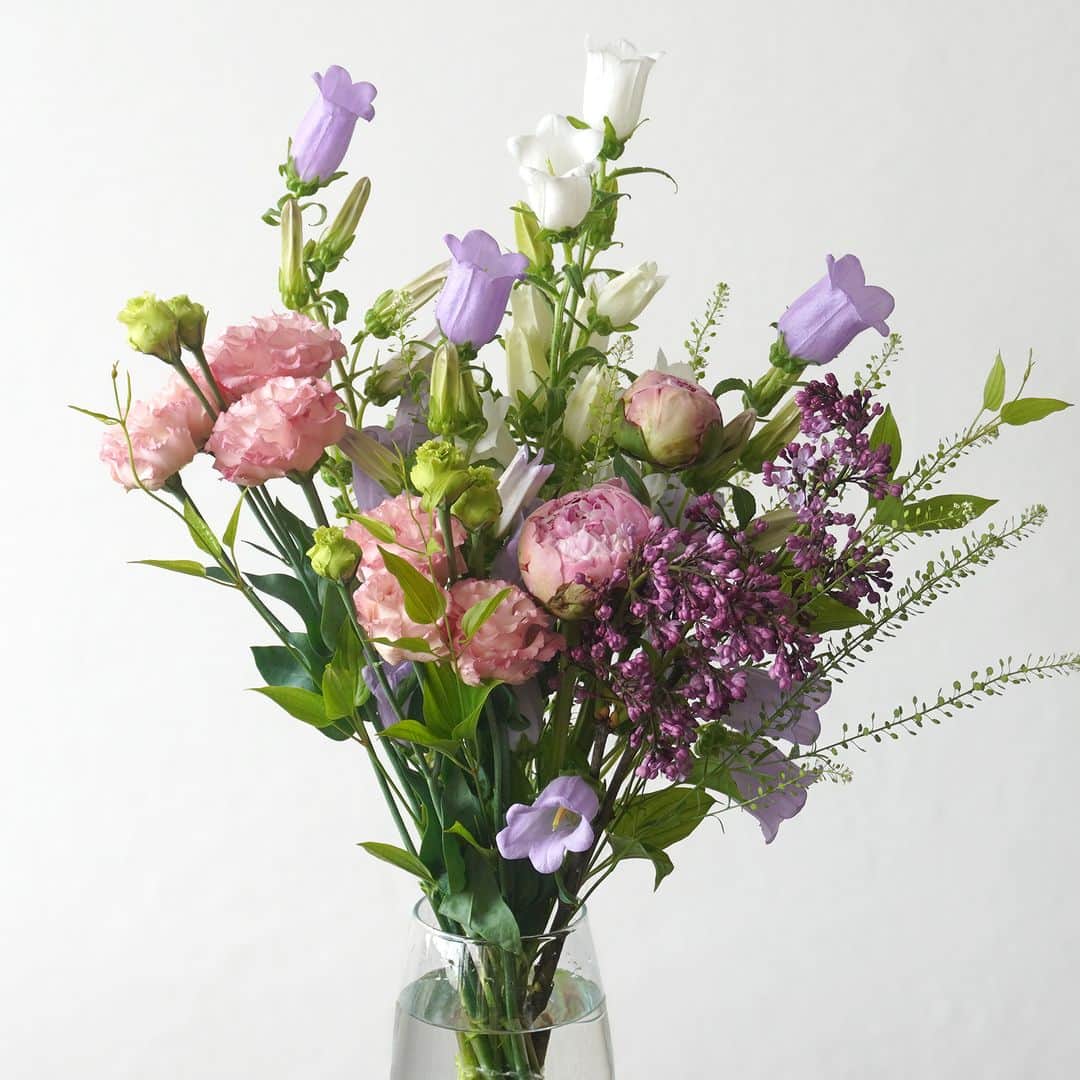 AOYAMA_HANAMOさんのインスタグラム写真 - (AOYAMA_HANAMOInstagram)「新緑のまばゆい季節に楽しむ、初夏の花々。 ・ 淡いピンクの芍薬に、サーモンピンクのトルコキキョウ、淡い紫と白のカンパニュラ、ラベンダー色のライラックなどを合わせて。数種のリーフもあしらって、新緑の季節を思わせるデザインに仕上げた花の定期便です。 ・ 枝先に可愛らしい小さな花をたくさんつける、ライラック。4月から5月に花を咲かせる高木落葉樹で、お好きな方も多いかと思います。 日本で一般的な「ライラック（Lilac）」は英語名で、フランス語では「リラ（Lilas）」と呼ばれています。ヨーロッパで古くから栽培され、日本でも北海道などの冷涼な地域で栽培されています。 ライラックの花びらは通常4枚ですが、まれに5枚のものがあるようで、それを「ラッキーライラック」と言うのだとか。恋のまじないに使ったり、見つけた人には幸運が訪れるとの言い伝えがあります。 子どもの頃に野原で四葉のクローバーを探したように、ライラックの花をじっくり愛でてみるのも面白いですね。 ・ 青山花茂の「#季節の花の定期便」は、その時期に最適な花を使ってフラワーデザイナーがひとつひとつお作りしています。 これからの時期は芍薬をはじめとした、初夏がシーズンの花々を中心にお作りします。ぜひ季節の花のある暮らしをお楽しみください。 - - - #aoyamahanamo #青山花茂 #お花のある生活 #花が好きな人と繋がりたい #花を飾ろう #花のある暮らし #花のあるくらし #花のある日常 #癒しの花 #季節の花 #旬の花 #花のサブスク #フラワーサブスクリプション #お花の定期便 #季節の花の定期便 #季節の花の定期便プレミアムプラン #芍薬 #シャクヤク #ピオニー #カンパニュラ #釣鐘草 #風鈴草 #ライラック #トルコキキョウ #花瓶活け #花束 #ブーケ #ナチュラルブーケ #初夏の花」5月9日 18時00分 - aoyama_hanamo