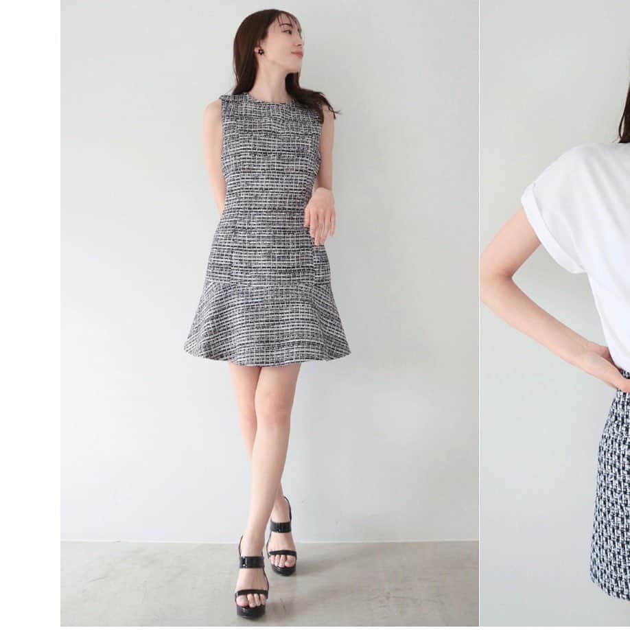 デュラスアンビエントのインスタグラム：「#サマーツイードラッフルヘムミニワンピース <White, Navy, Black> 【5/10(WED)20:00-】  上品な大人の甘さを携えた、サマーツイードワンピース。  前後にダーツを施し、すっきりとコンパクトなAラインのミニ丈に、裾は動きのあるラッフルヘムで立体感を出し、ほんのり甘いムードを演出。  ワントーンの中に透明系を織り込み、さり気なく煌めくホワイト。 様々な仕様の糸を織り込んだ、素材感を楽しめるネイビー。 ブラックベースにホワイト、シルバーを配した存在感のあるブラックの3色展開。  ＿＿＿＿＿＿＿＿＿＿＿ ✔︎ @ambient_styling #AMBIENT #ambient_official #ambientstyle #アンビエント #23SS」
