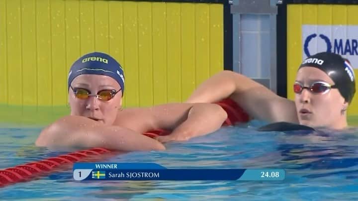 サラ・ショーストレムのインスタグラム：「🎥 Women’s 50m freestyle speed tournament final from Monaco last year.  🥇 24.08 Sarah Sjöström 🥈 24.90 Valerie van Roon  #marenostrumswimtour #swimming」