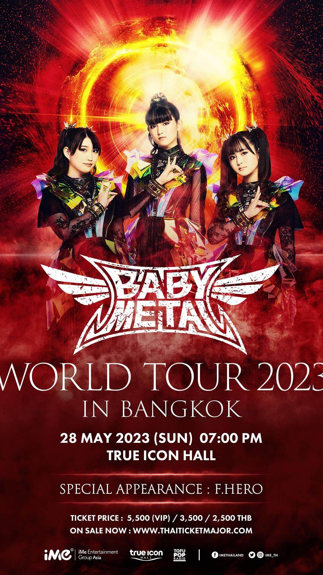 BABYMETALのインスタグラム：「F.HERO Special Appearance with BABYMETAL at BABYMETAL WORLD TOUR 2023 IN BANGKOK  F.HERO sends a special message to BABYMETAL's fans to get ready and let's have fun together at BABYMETAL WORLD TOUR 2023 IN BANGKOK on Sunday, May 28, 2023  BABYMETAL's fans and F.Hero's fans can buy tickets now via Thai Ticket Major,all branches or https://bit.ly/BABYMETALinBKK  Don’t Miss!! See you on Sunday, May 28, 2023 at 7pm at TRUE ICON HALL, 7th floor, Icon Siam Shopping Center.  #BABYMETAL @ftodah」