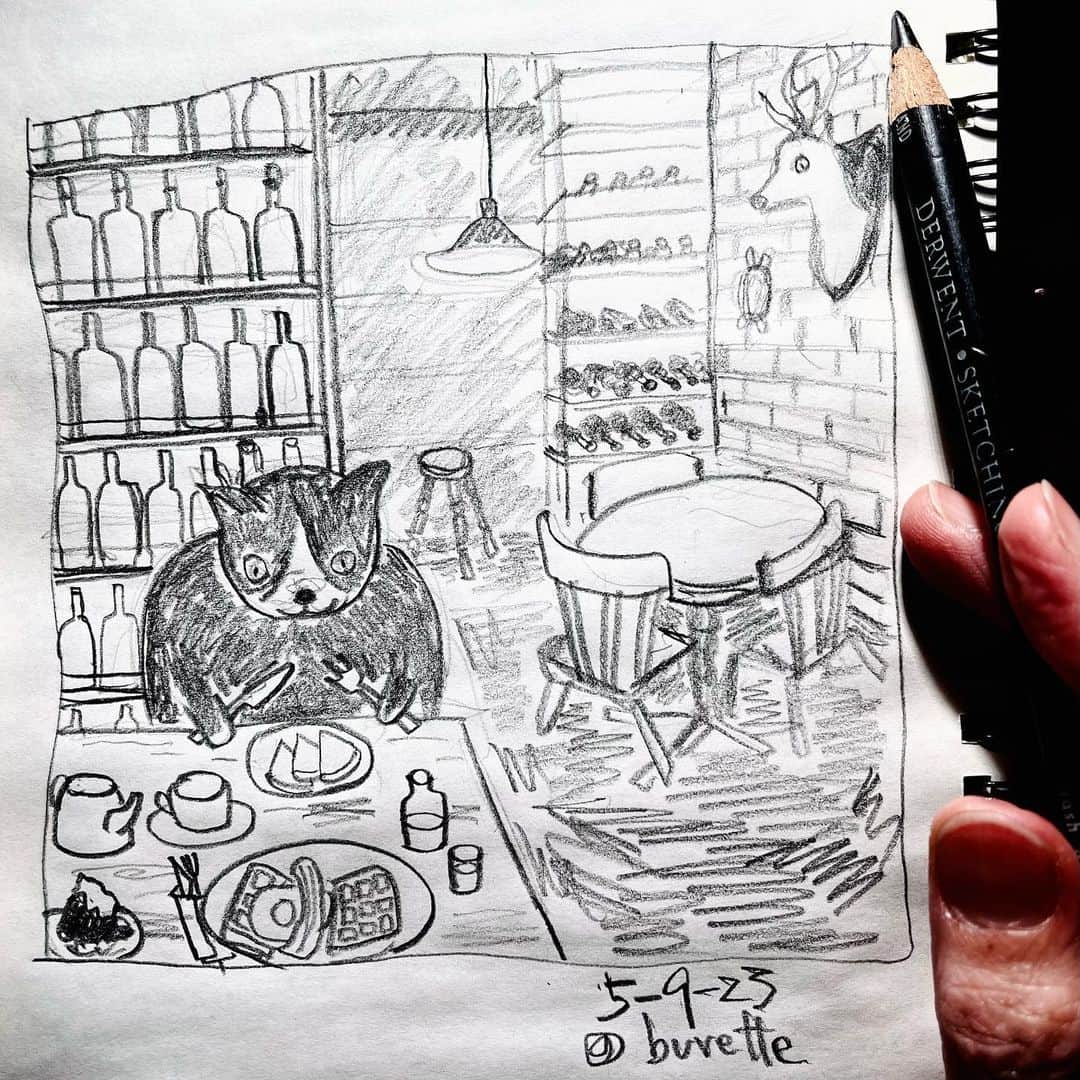池田有希子さんのインスタグラム写真 - (池田有希子Instagram)「今日のスケッチ。大好き大好きブヴェットさん。私はワッフルサンドイッチ🧇、モーリーはヌテラクレープ、はるかはチョコムースを食べました。  #sketchbook #todayssketch #illustration #buvettetokyo」5月9日 23時32分 - yukikoikeda
