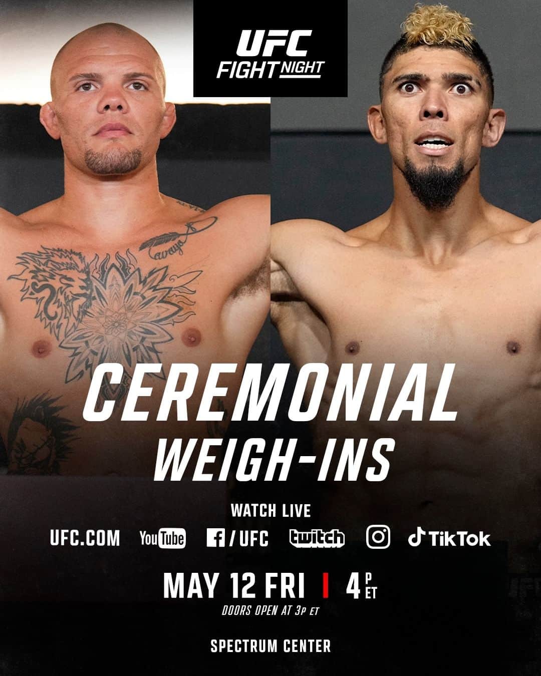 UFCさんのインスタグラム写真 - (UFCInstagram)「Calling all North Carolina fans 📞 Join us 𝙏𝙃𝙄𝙎 𝙁𝙍𝙄𝘿𝘼𝙔 at the @SpectrumCenter for the #UFCCharlotte Ceremonial Weigh-Ins!   [ Free to attend | 🚪 Doors 3pmET ]」5月10日 4時02分 - ufc