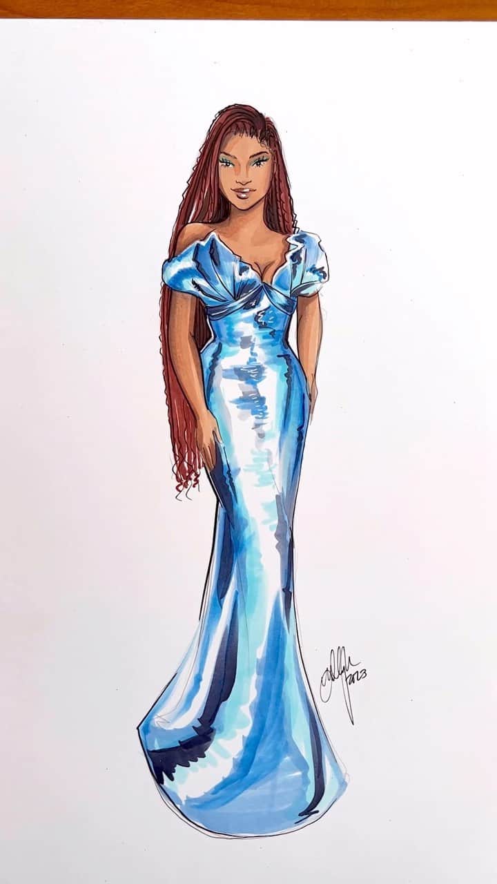Holly Nicholsのインスタグラム：「Halle Bailey at the Little Mermaid premiere in @valdrinsahiti 💙 #hallebailey #littlemermaid #thelittlemermaid #asmr #copicmarkers #fashionillustration #oddlysatisfying」