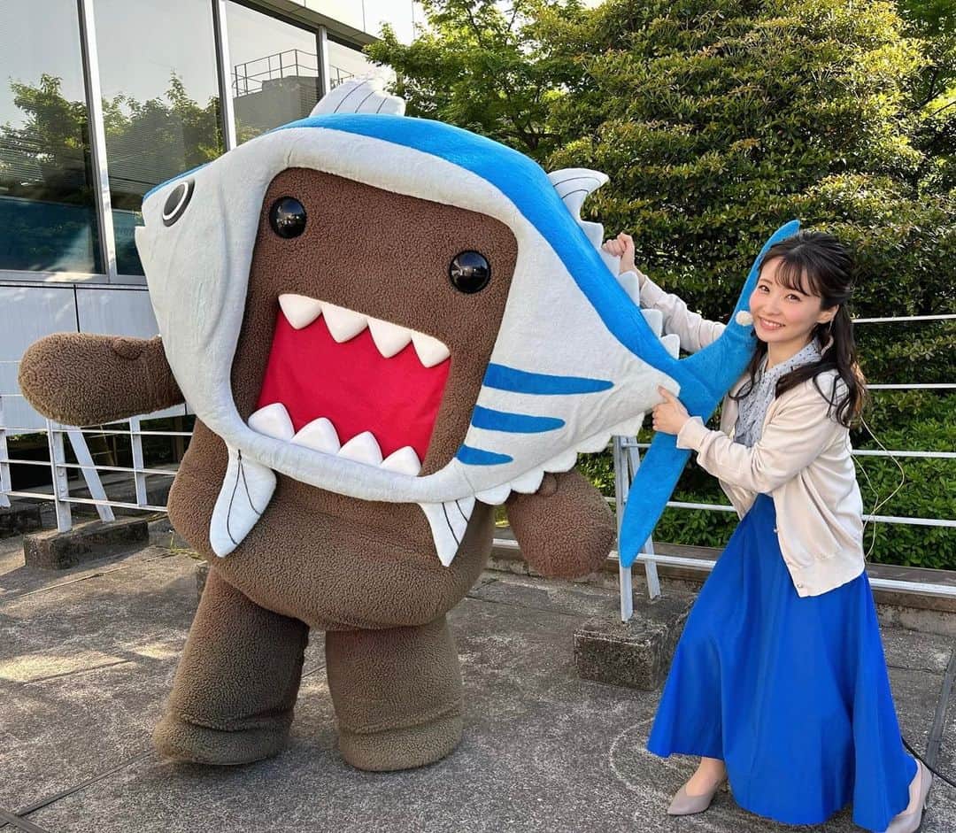 のインスタグラム：「𖤣𖥧𖥣𖡡𖥧𖤣 正解は、高知放送局のカツオどーもくんでした🐟  写真は、私がカツオどーもくんを 引っ張っているように見えますが、 そう見えるだけで、ちゃんと仲良しです🌻 明日まで一緒に出演します🐟  #気象予報士 #気象キャスター #天気予報」