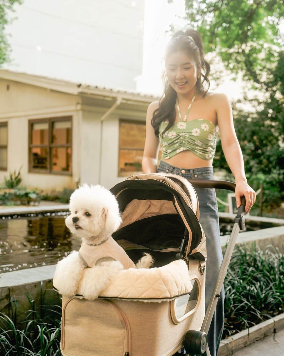 GYEON SEOのインスタグラム：「_* oou’s first stroller 🤎 . . เย้ๆ อูยูมีรถเข็นแล้วววว ตั้งใจไป pet expo เพื่อสิ่งนี้เลย ต่อไปไปไหนมาไหนก็ยิ่งสะดวก สบาย รถแขนเบาแต่แข็งแรงมาก ล้อก็ลื่นขับสบายด้วย และ ดีไซน์ กับสีของรถเข็นถูกใจสุดๆ☺️🫶🏻 ขอบคุณพี่เนลที่แนะนำของดีดีให้ อูยูนะคะ @royaltailsthailand」