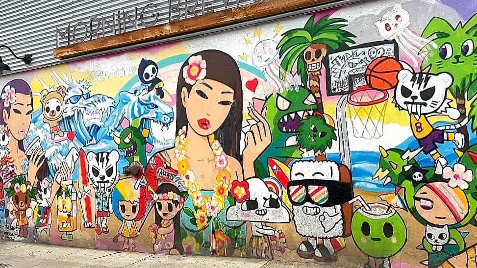 みんちゃん のインスタグラム：「kaka'ako wall art  前にこの絵柄のアートを見た気がする🌈すごく好き😀  #hawaii #ハワイ #海外旅行 #travel #art #アート #trip #」