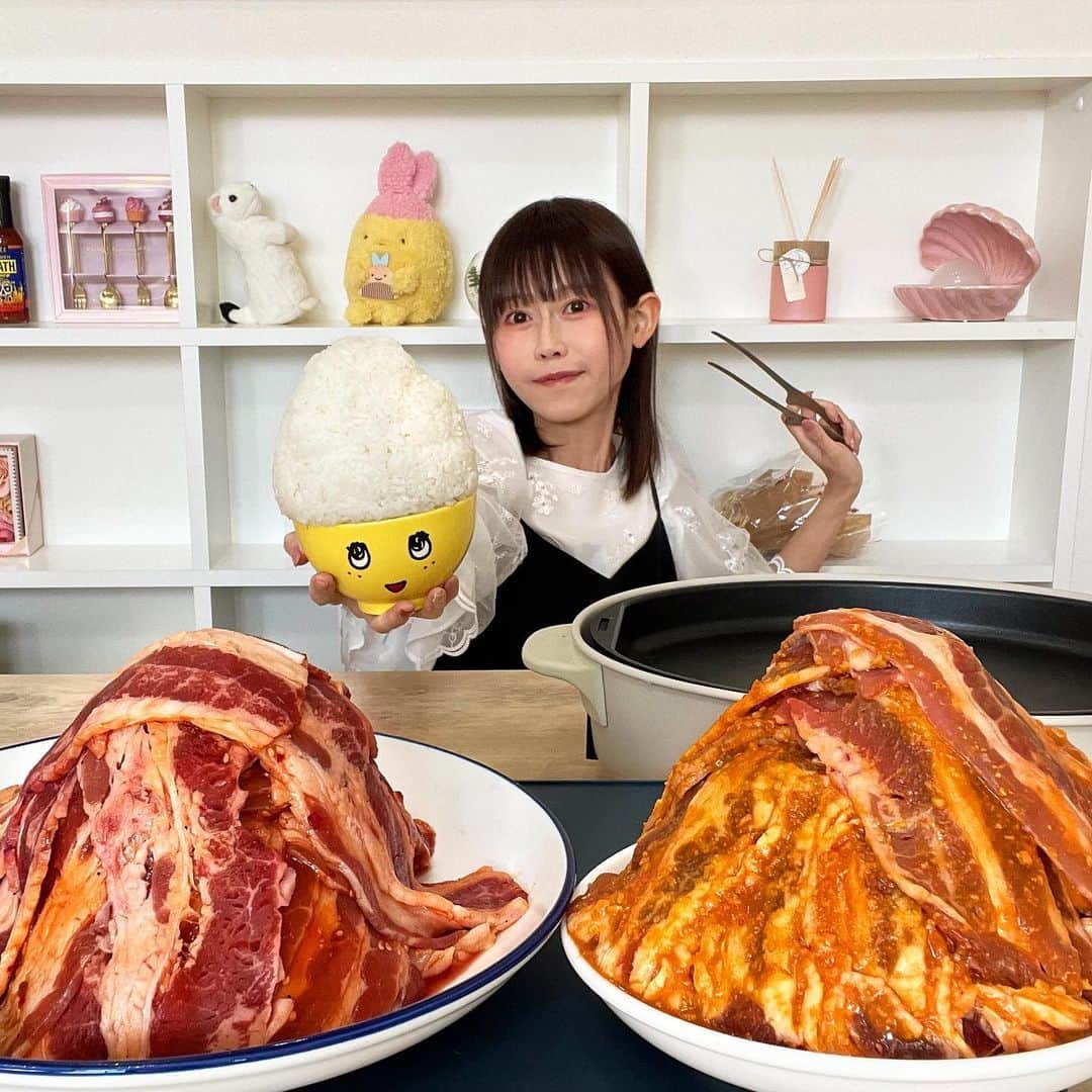 おごせ綾のインスタグラム：「肉のエベレスト＆チョモランマ⁉️（←同じ山でした😂）  肉汁が無限に出てくる高級カルビを贅沢に山盛りにしちゃいました😋  ふなっしーにごはん1kg盛るの実はめっちゃ難しい🤣🤣  🔻過去動画🔻  ダブル肉山！高級カルビ＆漫画盛りごはん合計3.5lg大食い！【壽カルビ田條】 https://youtu.be/FG1n9GCGtSs  #壽カルビ田條 #焼肉 #大食い #YouTube #おごせ綾」