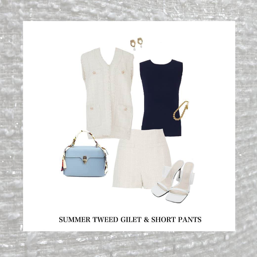 デュラスアンビエントのインスタグラム：「#サマーツイードボックスジレ <White, Navy> 【5/10(WED)20:00-】  ゆとりのあるボックスシルエットに、長めの着丈で、ゆったりとした着心地を叶える一枚。  フロントにはポケットをあしらい、金ボタンで、高感度なアクセントをプラス。  #サマーツイードショートパンツ <White, Navy, Black> 【5/10(WED)20:00-】  コンパクトなサイズ感に加え、ベルト部分は無くしたり、ファスナーはサイドに配したりと、カジュアルに見せないディテールで、綺麗めなアイテムとも相愛。  フロントにはイミテーションポケットをあしらい、見え感にアクセントをプラスしました。  ＿＿＿＿＿＿＿＿＿＿＿ ✔︎ @ambient_styling #AMBIENT #ambient_official #ambientstyle #アンビエント #23SS #ツイードジレ #セットアップ #きれいめコーデ」