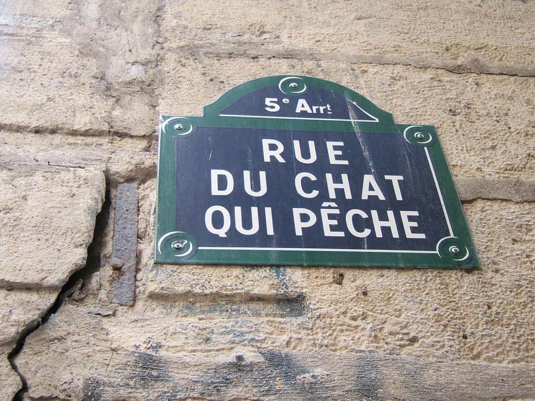フランス大使館さんのインスタグラム写真 - (フランス大使館Instagram)「フランスでは道を歩いていると面白い通りの名前がちらほら見受けられます🚶🇫🇷🚶‍♀️。Rue du chat qui pêche «魚釣りをする猫通り»は、当時の«魚釣りをする猫»という魚商店の店名に由来するそうです。そこで飼われていた看板猫の黒猫は、一掻きでセーヌ川から魚を捕まえていたとか🎣🐈‍⬛」5月10日 15時43分 - ambafrancejp