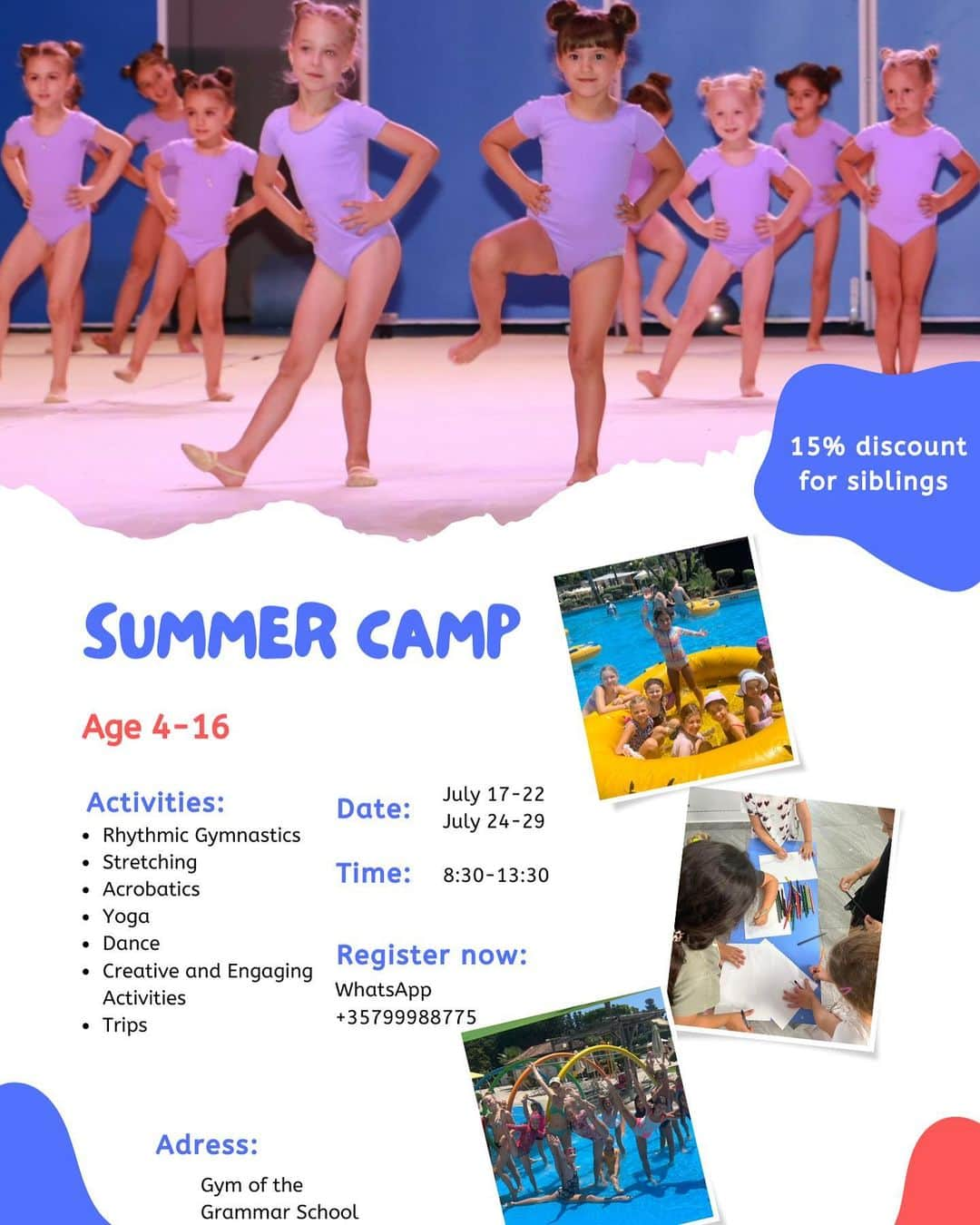 マリナ・デュランダのインスタグラム：「The news you have all been waiting for 😍😍😍  Registration for our 2023 Summer Camp is open! 🎉   •Rhythmic Gymnastics  •Stretching  •Acrobatics  •Yoga for Kids  •Dancing •Creative and Engaging Activities  •Trips  ❗️Registration Link in our bio  For more information message on 99988775 WhatsApp  We kindly ask you to proceed with the applications for the summer camp as places are limited!」