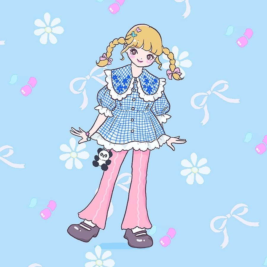 のインスタグラム：「🎀💠  今年の夏こそ思いっきり弾けられたらいいね！  やりたかったこと忘れちゃう前に、ぜんぶ。 心はいつだってTeenager🫧  . . Candy Stripperでのイベントで販売した アクリルキーホルダー用の描き下ろし🍒 2枚目は、候補だった未公開サブカットです🫢 このコーデもかわいかったなぁ♡ アクキーお迎えくださった皆さまありがとうございます🌷」