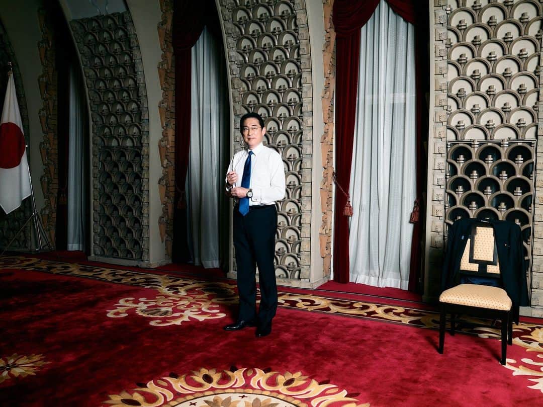 TIME Magazineのインスタグラム：「Japanese Prime Minister Fumio Kishida inside the great hall at his official residence in Tokyo on April 28.  “I have been warned by my predecessors that you will encounter ghosts in this building,” Kishida, 65, tells TIME in an exclusive interview inside the red-carpeted residence, gazing around at the expressionist wall motifs, which include at least one rather menacing concrete gargoyle. “Of course, it is an old building, so I hear sounds from time to time. But fortunately, I have yet to encounter a ghost.”  Kishida in December unveiled Japan’s biggest military buildup since World War II, mirroring upticks in defense spending across Europe, including Germany. The commitment would give Japan the world’s third largest defense budget.  Still, Japan’s martial resurgence isn’t without controversy. Read the exclusive interview with Kishida at the link in our bio.   Photograph by Ko Tsuchiya (@kotsuchiya) for TIME」