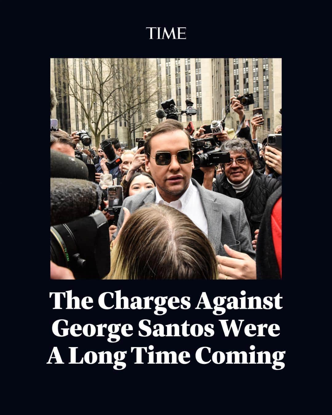 TIME Magazineのインスタグラム：「It’s no surprise that federal prosecutors have filed criminal charges against Rep. George Santos, as CNN first reported Tuesday night. It’s only a surprise that it took this long.  Ever since the New York Republican hit the national scene last year by winning a congressional seat on Long Island, the lies he told about his life have been unraveling. He was charged with seven counts of wire fraud, three counts of money laundering, one count of theft of public funds, and two counts of making materially false statements to the House of Representatives.  Link in bio.  Photograph by Stephanie Keith (@steffikeith)—Bloomberg/Getty Images」
