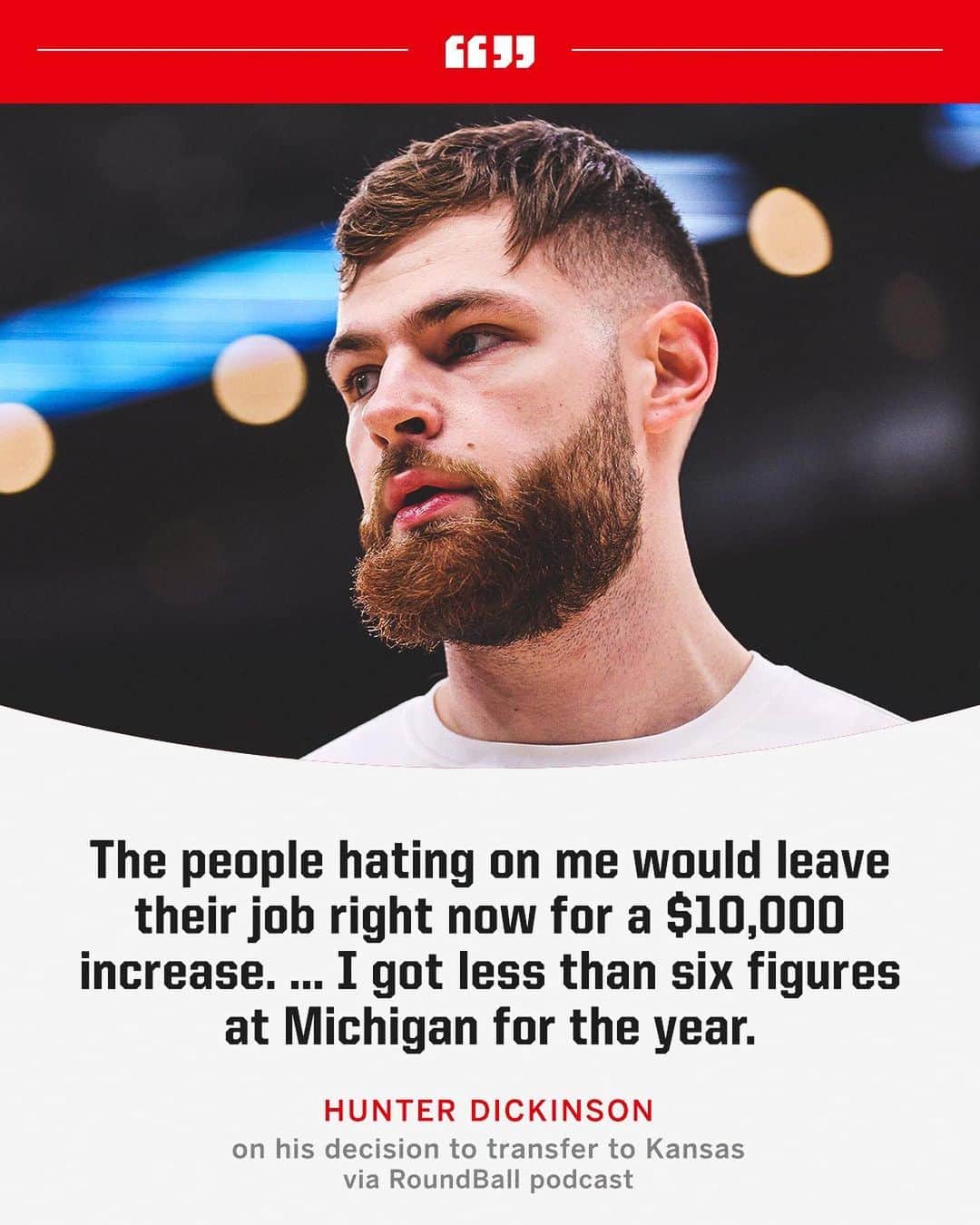 espnのインスタグラム：「Former Michigan star Hunter Dickinson implied that an increase in his NIL earnings played a role in his decision to transfer to Kansas.」