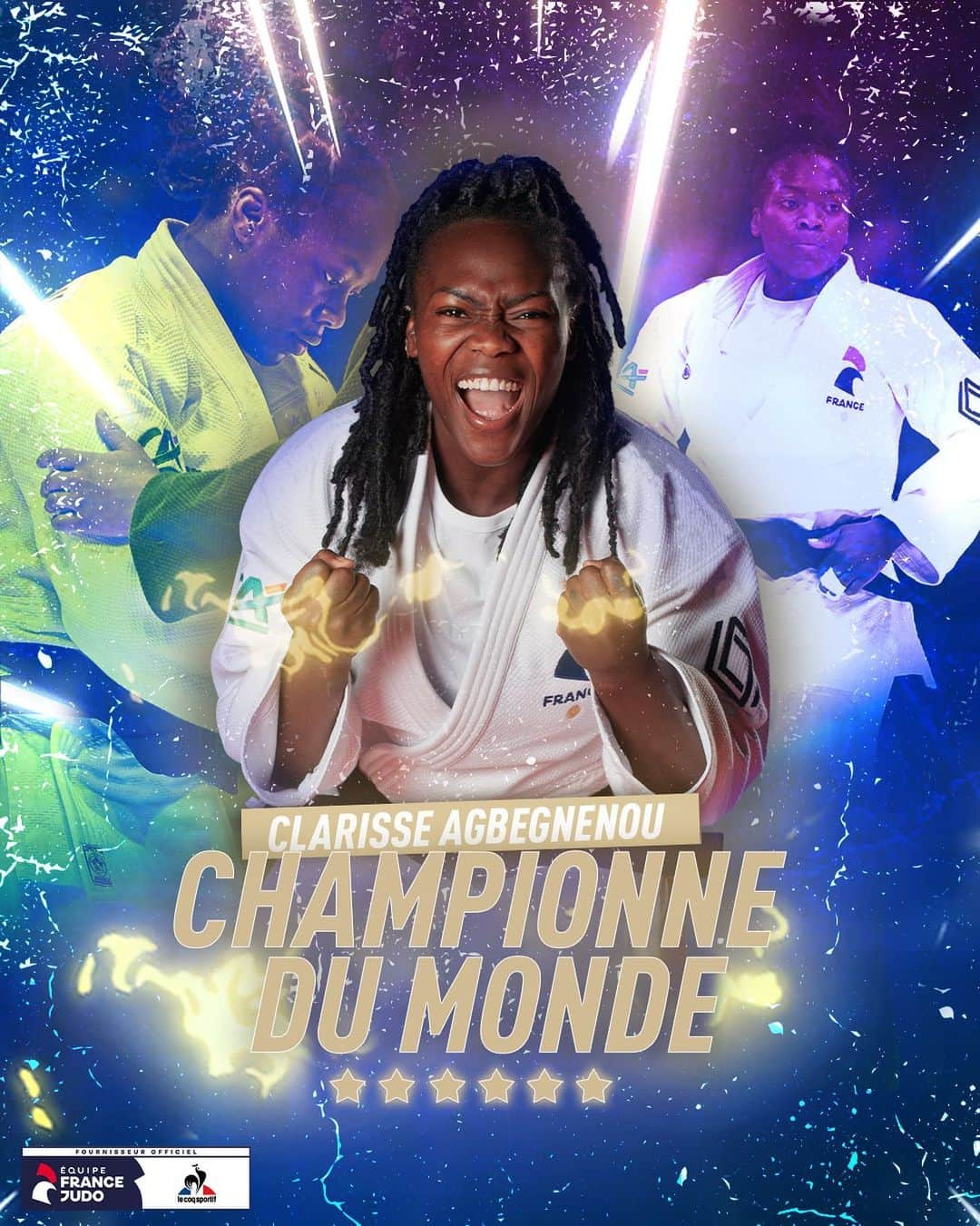 ルコックスポルティフのインスタグラム：「OUIIIII MADAME CLARISSE AGBEGNENOU CHAMPIONNE DU MONDE !! 🥇🔥 @clarisse_agbegnenou  Notre athlète vient de remporter son 6ème titre au championnat du monde de judo à #Doha !! ⭐⭐⭐⭐⭐⭐  Un exploit incroyable qui prouve une nouvelle fois son talent et sa détermination sur le tatami.  Félicitations Clarisse c'est juste magnifique 🤩  En route pour réaliser de grandes choses pour les Jeux Olympiques de @Paris2024.  @francejudo #TeamLeCoqSportif #Doha2023 #judo #Paris2024」