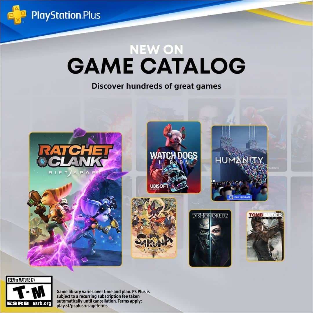 PlayStationのインスタグラム：「The PlayStation Plus Game Catalog for May includes:   ➕ Ratchet & Clank: Rift Apart ➕ Humanity ➕ Watch Dogs: Legion ➕ Dishonored 2  … and more. See the full lineup at PS.Blog.」