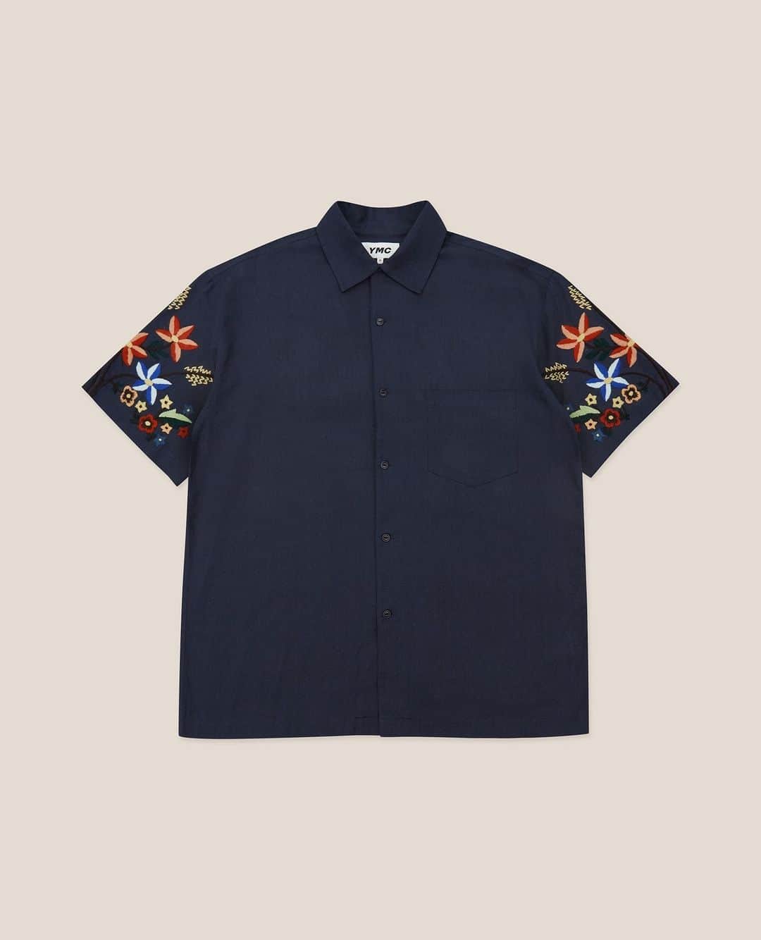 ユーマストクリエイトのインスタグラム：「Statement Idris shirt in a cotton linen blend, embroidered with a seasonal floral stitch at both sleeves.」