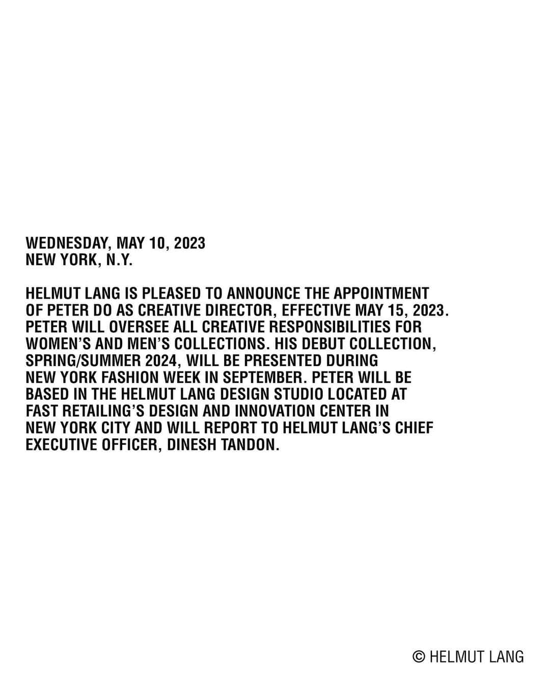 ヘルムート ラングさんのインスタグラム写真 - (ヘルムート ラングInstagram)「HELMUT LANG IS PLEASED TO ANNOUNCE THE APPOINTMENT OF PETER DO AS CREATIVE DIRECTOR, EFFECTIVE MAY 15, 2023.  PETER, Photographed by © MARIO SORRENTI, 2023」5月11日 1時21分 - helmutlang