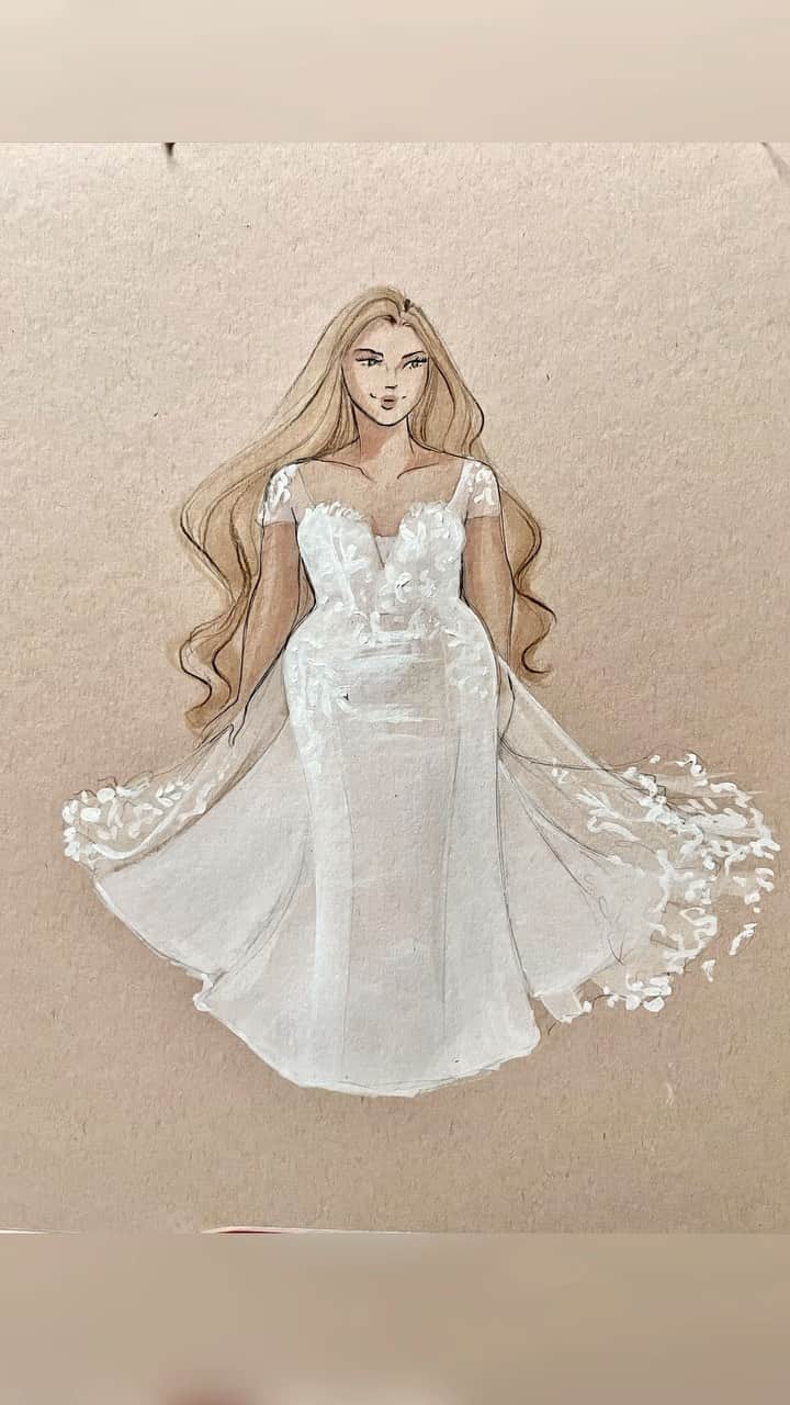 Holly Nicholsのインスタグラム：「Bridal illustration design inspired by Rapunzel 🩷. This gown and more are part of the Disney Fairy Tale Wedding Collection for @allurebridals #ad #allurebridals #disneyweddings #disneyfairytaleweddings #asmr #asmrsounds #painting #rapunzel」