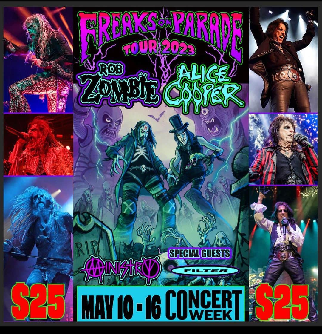 ロブ・ゾンビのインスタグラム：「It’s NATIONAL CONCERT WEEK! 🔥 Tickets for the FREAKS ON PARADE TOUR are only 25 bucks during this week! 🔥 Don’t miss out! Just head to LiveNation.com/Concertweek 🔥 #robzombie #alicecooper #freaksonparadetour #concertweek」