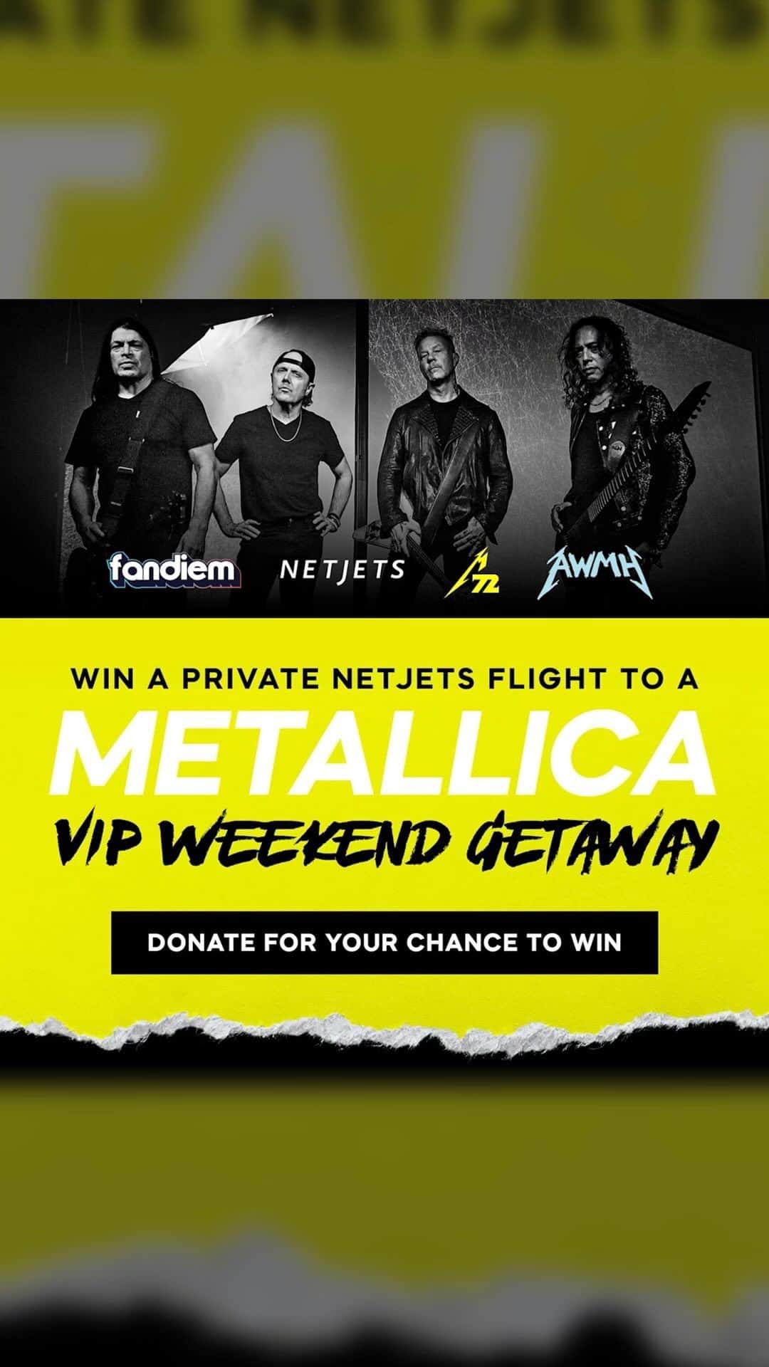 メタリカのインスタグラム：「Our @allwithinmyhandsfoundation’s #MonthOfGiving2023 continues with a chance to win The Ultimate #M72 US Tour Experience!   With an entry donation that will help support our Month of Giving partners at The @farmlinkproject, you and six friends could take off on a private @netjets flight ✈️ to the US #M72 tour destination of your choice to watch BOTH of our “No Repeat Weekend” sets from a private “Lux Æterna” platform. You’ll also get 💵 $5,000 for whatever you might need!  🟨 Donate to win at fandiem.com/metallicajet or the LINK IN BIO  #AWMH #MetallicaGivesBack」