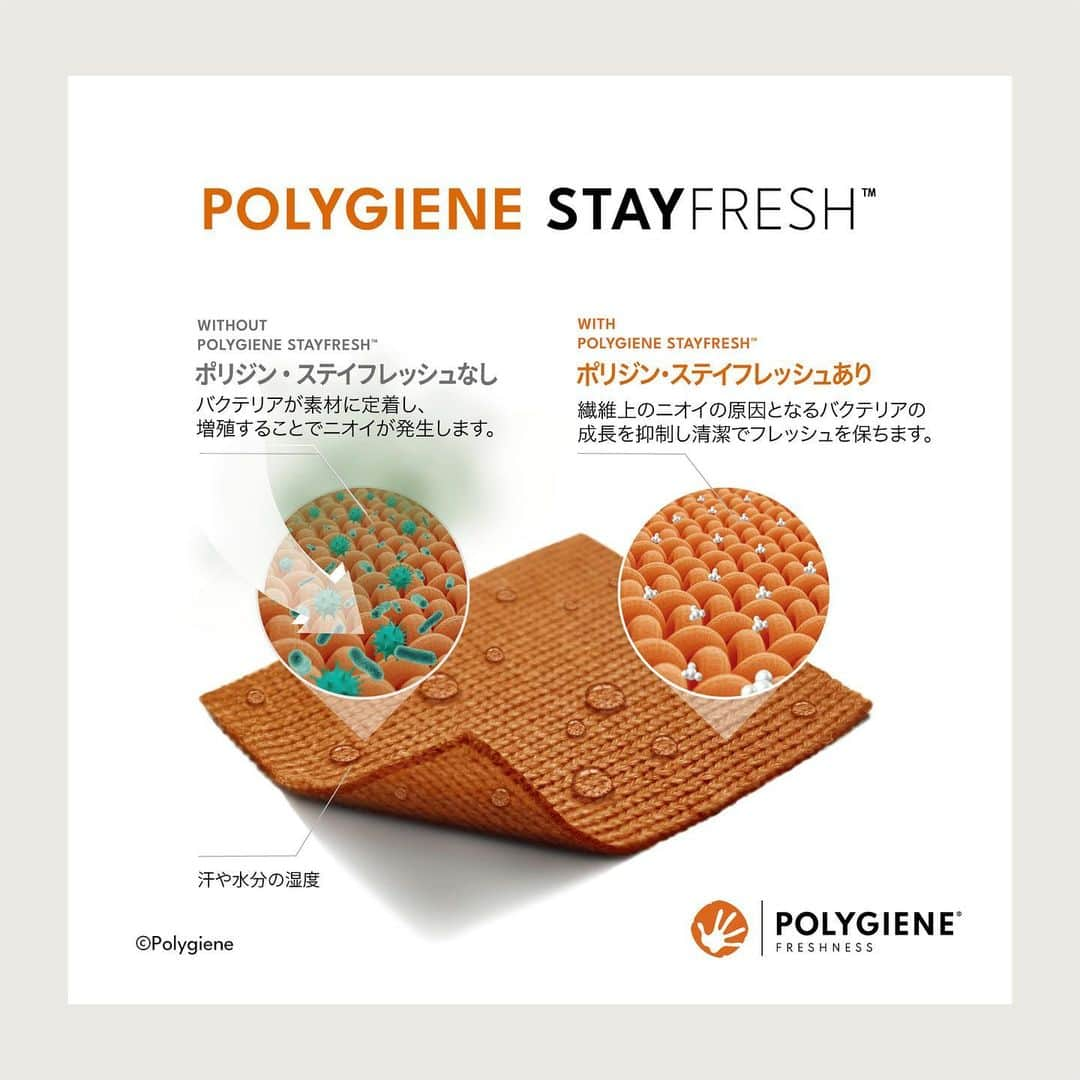 抗菌防臭加工のポリジンのインスタグラム：「Polygiene StayFresh™︎についてご紹介👀  繊維はニオイの原因菌がたくさん成長する場所！  菌がどんどん増殖すると、汗や生乾きのイヤなニオイが発生します😥  ポリジン・ステイフレッシュが加工されたアイテムを選んでいただくと、銀イオンの効果で菌の成長を抑えてくれるんです！  そのため買った直後からフレッシュな快適さが続きます。  生産時に加工を施しているので、高い持続性も大きな魅力⭕️  世界に認められたポリジン・ステイフレッシュをぜひ試してみてください！  #PolygieneStayFresh #Polygiene #ポリジンステイフレッシュ #ポリジン」