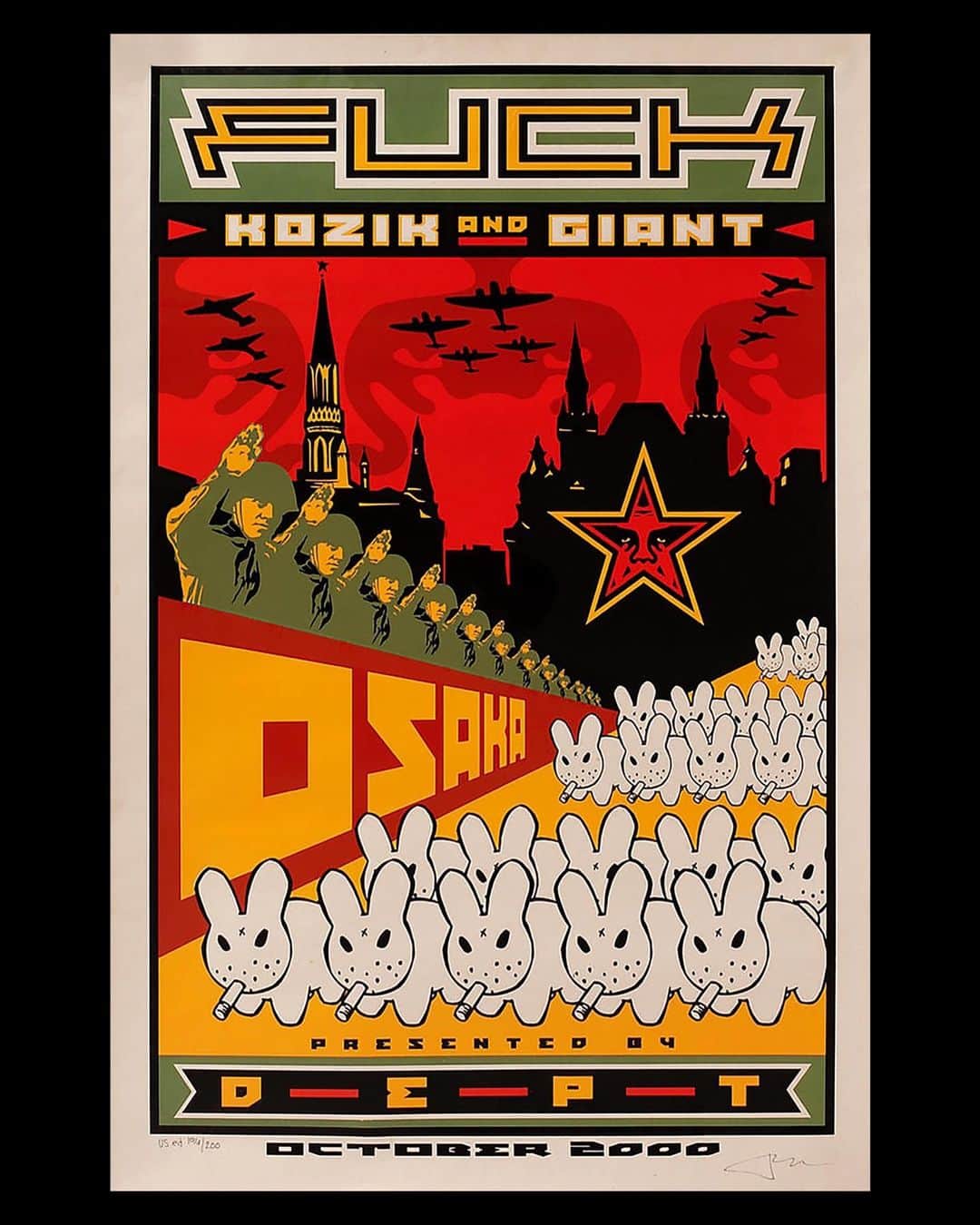 Shepard Faireyのインスタグラム：「@frankkozik has passed away. I became aware of Kozik's poster art, as many did, through the indie music scene of the early 90s. Kozik had produced great irreverent pop art meets psychedelic meets punk prints for some of my favorite bands like Beastie Boys, the Reverend Horton Heat, Jon Spencer Blues Explosion, Nirvana, and especially The Melvins! He also did the release party poster for "Dazed and Confused," which might be my all-time favorite movie. I first met Kozik briefly in 1994 when he had a poster show in a gallery down the hall from my print studio. He seemed quiet and brooding, so I didn't talk to him much, but his prolific poster output blew me away. I had made ten or so art prints ever, and he had made 200 in the previous year! I stepped my print game up, inspired mainly by Kozik. In 1998 Kozik called me and asked if he could connect me with some Japanese folks who collected his work and liked my work. It kicked off a great relationship between Kozik, me, and Dept. Japan. In 2000 Dept invited me and Frank to do an art show at their space in Osaka. Frank suggested that we call the show "FUCK Kozik and Giant," which I thought was funny, so I designed some type for it. Frank then invited me to his studio in San Francisco to finish the poster with him. When I got there, Frank, a hero, and major inspiration, pulled out a rough pencil sketch of a scene with rows of his "Smokin' Rabbits" parading in front of the Kremlin being saluted by soldiers. Frank then told me to complete the art while he chain-smoked and cranked Black Sabbath while looking over my shoulder. I was very nervous but made illustrations, scanned them, and worked out the composition to Frank's satisfaction. I had succeeded in a trial by fire lit by a personal hero. Thanks for that and a lot of other great moments Frank, but mostly thanks for being a prolific punk rock DIY trailblazer! –Shepard」