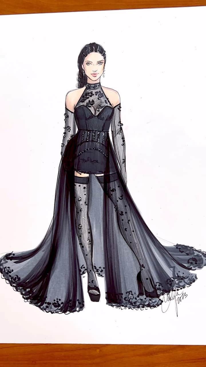 Holly Nicholsのインスタグラム：「Billie Eilish in Simone Rocha 🖤 @billieeilish #billieeilish #fashionillustration #asmr #metgala #copicmarkers #relaxing」