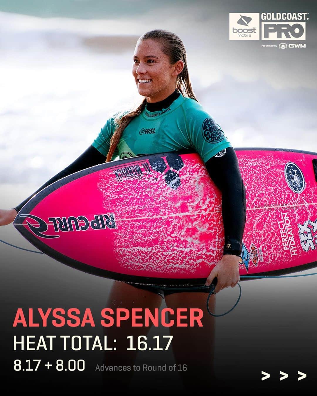 世界プロサーフィン連盟（WSL）さんのインスタグラム写真 - (世界プロサーフィン連盟（WSL）Instagram)「A 16.17 heat total sees @alyssa_spencer1 advance to the Round of 16! 🇺🇸 Watch the @boostaus #GoldCoastPro live on worldsurfleague.com.  @gwmaustralia @destinationgoldcoast」5月11日 9時01分 - wsl