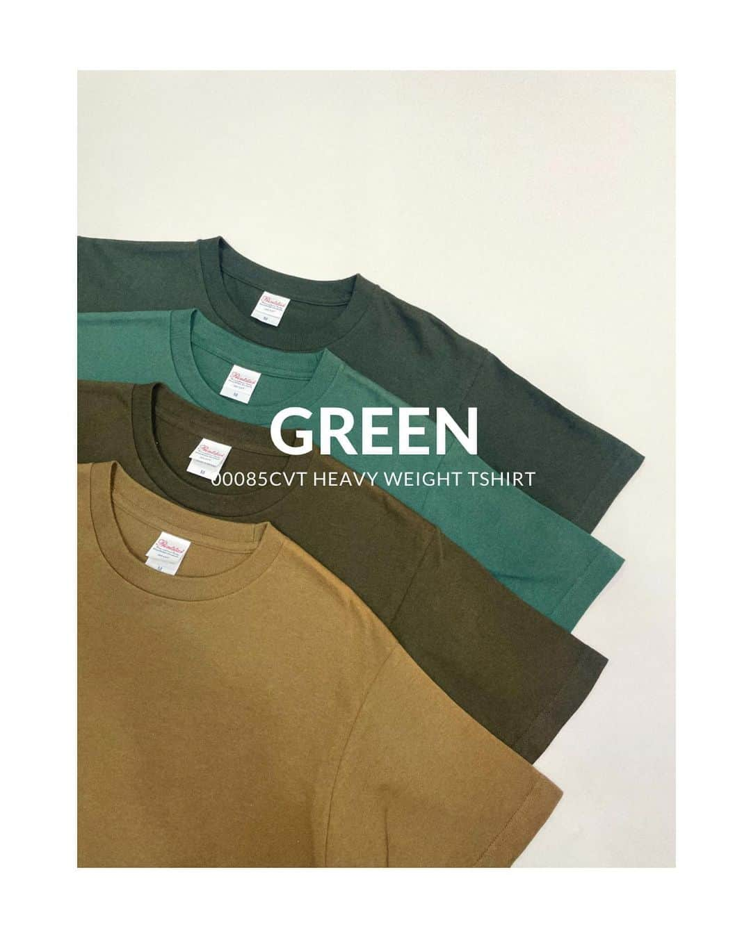 Printstarのインスタグラム：「GREEN✴︎  Printstar 00085-CVT 5.6オンス ヘビーウェイトTシャツ  128 オリーブ 037 アーミーグリーン 138 アイビーグリーン 131 フォレスト  累計売上枚数1.7億枚。程よい生地の厚みと、型崩れしにくい安心の品質で、20年以上にわたり愛され続ける不動の人気Tシャツです。  50色以上の多彩なカラーバリエーションで展開し、世代、ジェンダー、地域を問わず、さまざまなシチュエーションで皆さまにご愛用いただいています。  #printstar #プリントスター #プリンタブルウェア」