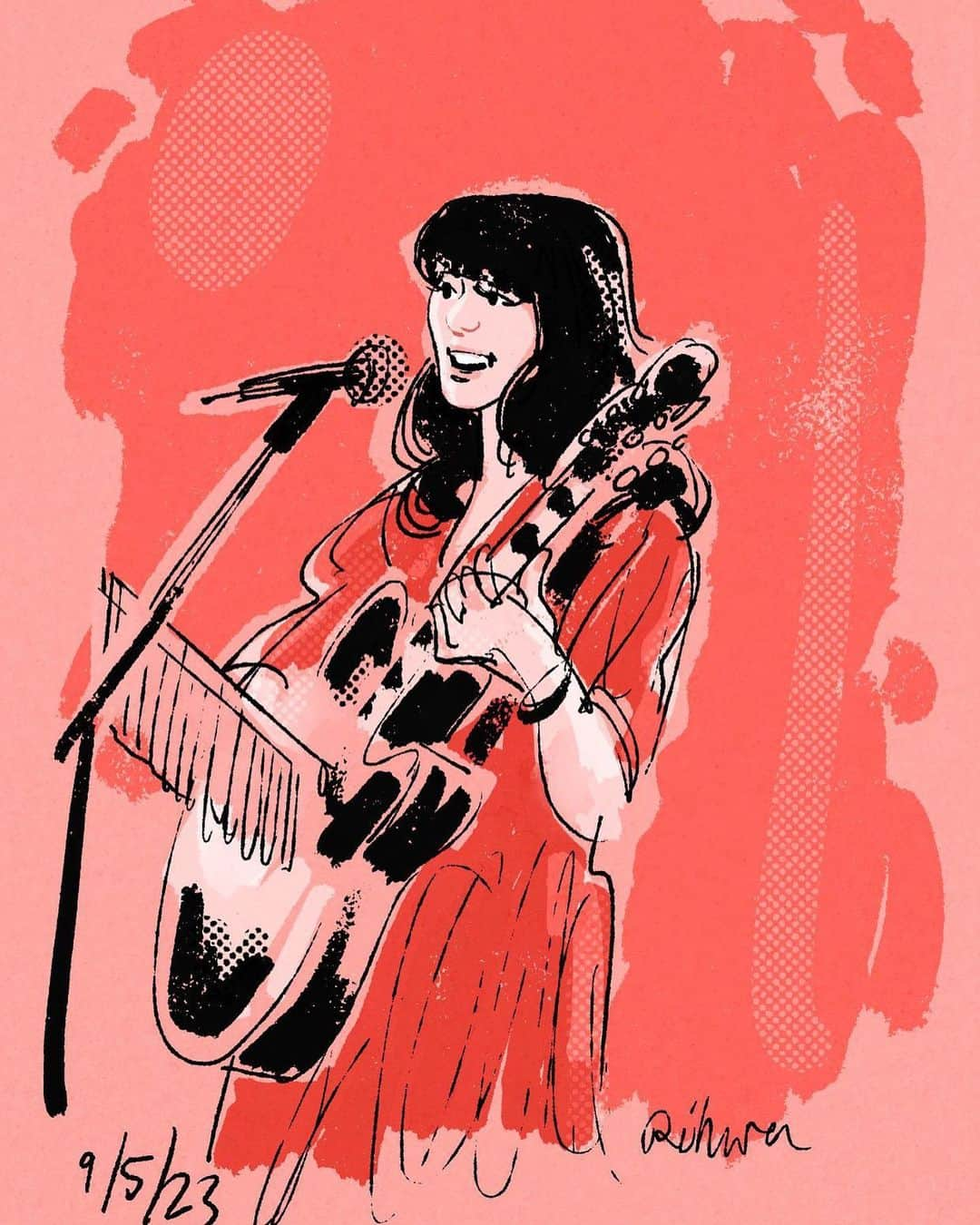 Rihwaさんのインスタグラム写真 - (RihwaInstagram)「Look at this wonderful illustration of me! My friend @adehogan drew me singing while he watched my live show in a venue. I've always loved his art works, and how amazing to experience that I'm in his world!🌍 Thank you Adrian!!!!🙏🏽💛🌼🎸🎶🥹  #持つべきものは友 #Rihwa #りふぁんだふる #イラスト @adehogan  #天才」5月11日 18時43分 - rihwa_official