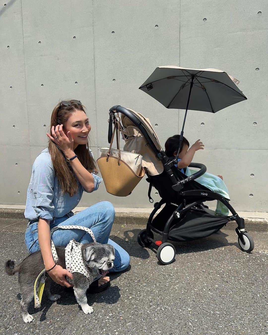 里海のインスタグラム：「プーちゃんのあくび🥱可愛い❤️ 私達のルーティンは 決まっていて 1日2回のお散歩は必須です 雨雲レーダー必須です☀️ なぜなら2人には日光から ビタミンDを生成させたいのです！！  @vasic_japan のバスケットバッグは 最近よく持ってます✨  @babyzenjapan のストローラー 最近は、日除けの傘も付けてます✨　 小さな傘が可愛い…🥹  とにかく2人が可愛い😍😍😍😍 1日に2人に10000回づつくらい チューしてます😙 私は目が半目でも気にしない！」