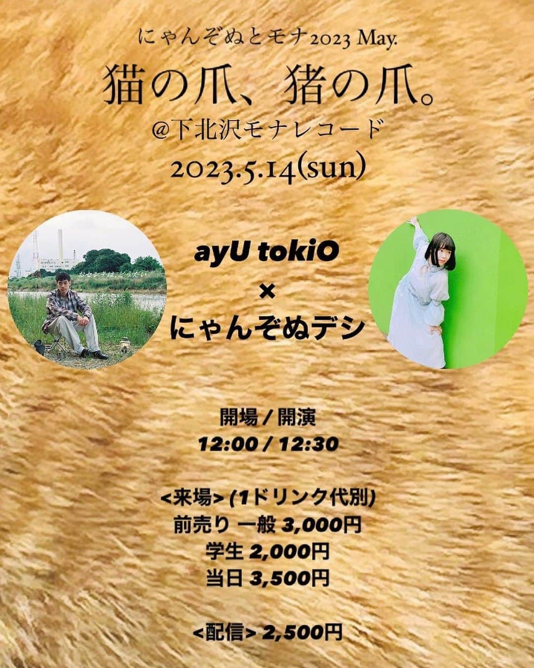 のインスタグラム：「このポスター、自分が作ったけどめちゃくちゃ好き。ちょっとコラボもするよ！！！(練習の映像もお届け)  5/14(日)☀️12:30開演 にゃんぞぬとモナ 2023 May  『猫の爪、猪の爪。』 ＠下北沢モナレコード  音楽やる前から大好きな ayU tokiOさんとツーマンです。 これは、夢です。  🐈‍⬛詳細は ホームページをご覧ください。  学割も配信もあるよ🌸」
