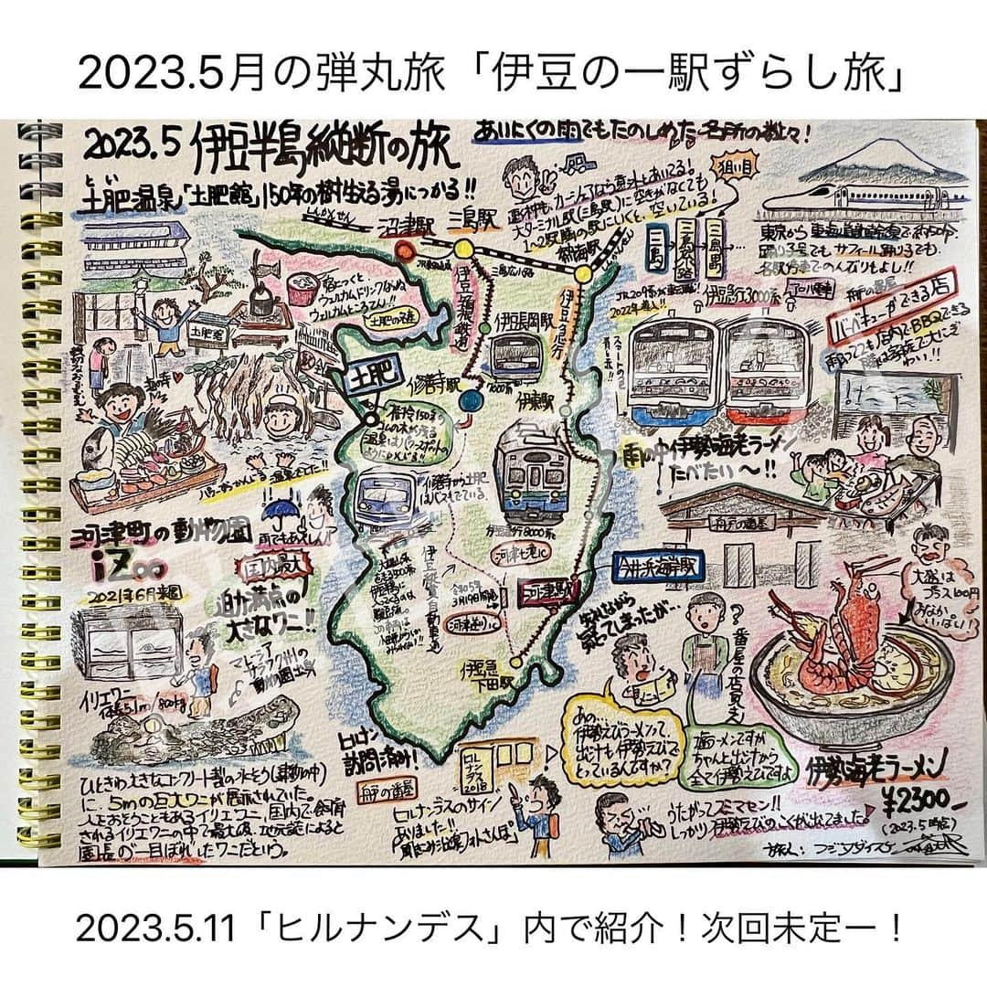 藤田大介さんのインスタグラム写真 - (藤田大介Instagram)「完成したイラスト！ 伊豆は賑やかですが、長蛇の列に疲れたらローカル線で一駅隣に進んでみましょう。意外な発見がありますよ。僕は穴場を探すのが大好きなんです。「舟戸の番屋」という店の伊勢海老ラーメンの店では、実は屋内でバーベキューが出来るんです。 僕が感動したのは、左上に書いた西伊豆・土肥温泉の「土肥館」 樹齢150年ほどのゴムの樹が植わる温泉は不思議なパワーが享受できそうな場所！チャージしました。  #ヒルナンデス  #ハピナンデス  #南原清隆 @nanchan_official_  #いつもありがとうございます @oosawa_akane.official  #大沢あかねさん #言葉がとっても嬉しかった #元スッキリファミリー #透かし入れてます🙇」5月11日 21時30分 - fujita.daisuke_ntv