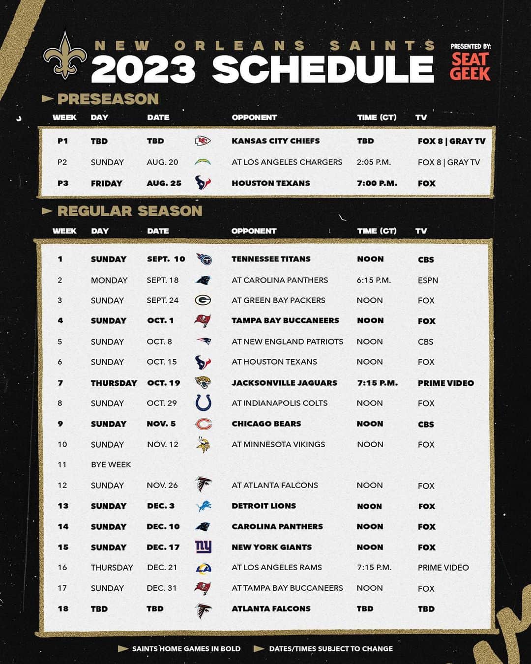 ニューオーリンズ・セインツさんのインスタグラム写真 - (ニューオーリンズ・セインツInstagram)「The 2023 #Saints Schedule ⚜️  #Saints | @seatgeek   📺: NFL scheudule on NFL Network」5月12日 9時00分 - saints