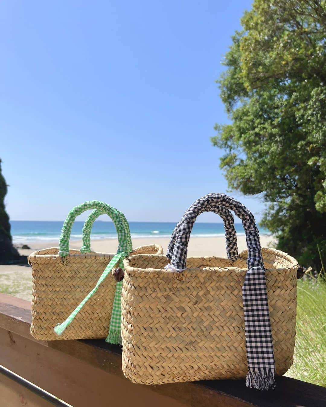 のインスタグラム：「おはようございます🌴 e c o R A L 🥥 @emaecoral  2023 ver. カゴバッグ🧺  椰子なので、軽くて丈夫です♡ サイドに付いている Lucky beans と言う実が付いています♡  1つ1つ、エマさんが編み上げていて ギンガムチェックの持ち手もかわいい🤍  #ecoRAL #handmade #椰子 #luckybean #かごバッグ  #pinkmafia #pinkmafiasmd #izu #shimoda」