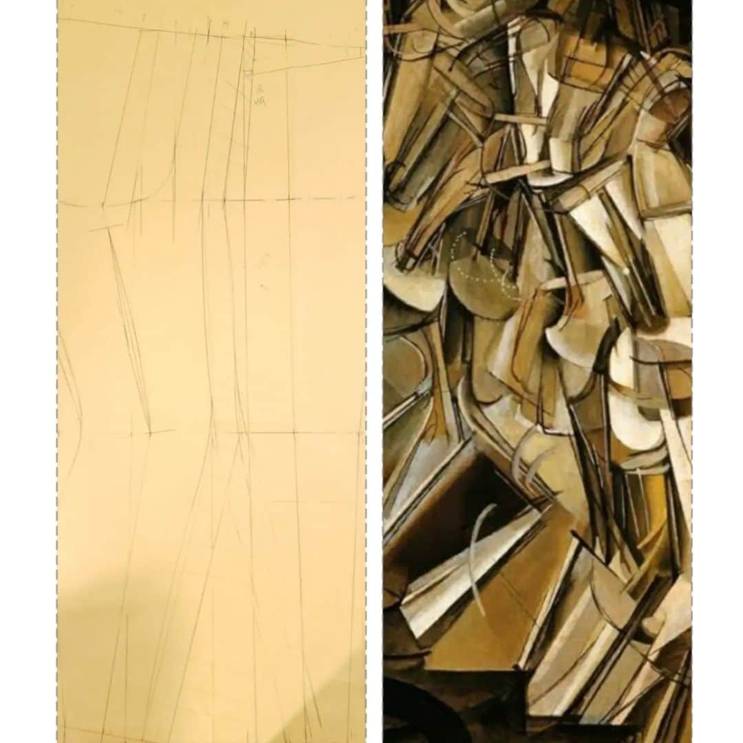 信國太志さんのインスタグラム写真 - (信國太志Instagram)「実験的なパンツの設計に着手。 無数の線を描いてたらデュシャンの「階段を下りる裸体」のように。 ピカソは多視点を一枚に描いたけど、デュシャンは動き=時間を描きたかったのかな? 1本のパンツにも歩くことから座ることまでの時間が凝縮されている。」5月12日 9時56分 - taishinobukuni