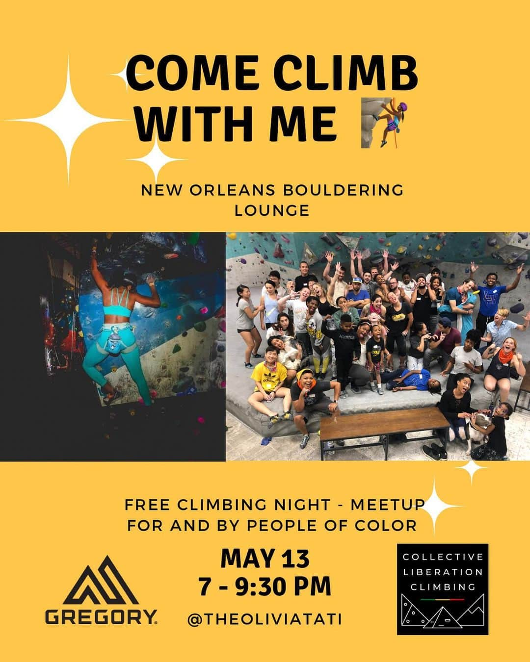 グレゴリーのインスタグラム：「NOLA PEEPS - COME CLIMB WITH ME!!  This Saturday evening there will be free climbing at @climbnobl sponsored by @collectiveliberationclimbing AND @gregorypacks   There will be raffles, and prizes so yes that means FREE @gregorypacks 😍 and climbing!  Shoutout to @collectiveliberationclimbing for making climbing accessible to all!!  And if you also want to talk about real estate feel free to come through 😂🫣🤩  I haven’t climbed in a hot minute but stoked to hop back on the wall  #optoutside #rockclimbing #neworleans #louisana #supportlocal #mygregorypacks #browngirlsclimb #nola」