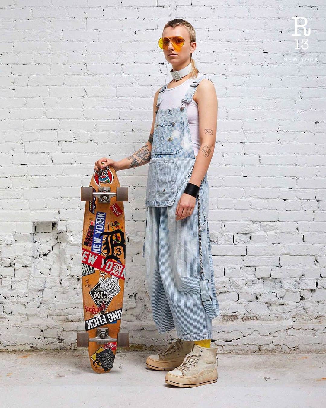 のインスタグラム：「The Double Bib redefines the classic overall silhouette in the Spring/Summer collection, using distinct washes for a striking contrast between bibs.  Available at r13.com and our flagship at 34 Howard Street, NY.  #r13 #r13denim」