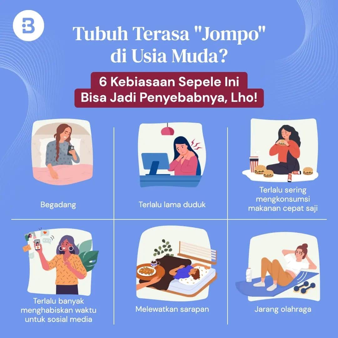 のインスタグラム：「Hayo, siapa nih kaum “jompo” padahal usia baru memasuki 20-an?  Secara sadar atau tidak, kebiasaan ini masih sering kita lakuin nih, beauties. Setuju?  Nah, dari 6 kebiasaan ini, mana yang masih selalu ada menemani di kegiatan sehari-hari beauties? —-- Jangan lupa untuk follow @Beautynesia.id  untuk berita menarik seputar wanita dan lainnya!  Follow juga instagram : @beautynesianews 💄 @mommyasia.id 🤰🏼👶🏻 —---- #wellness #kesehatan #muda #jompo #kaumjompo #anakmuda #usiamuda #muda #jagakesehatan #kesehatantubuh #kebiasaan」