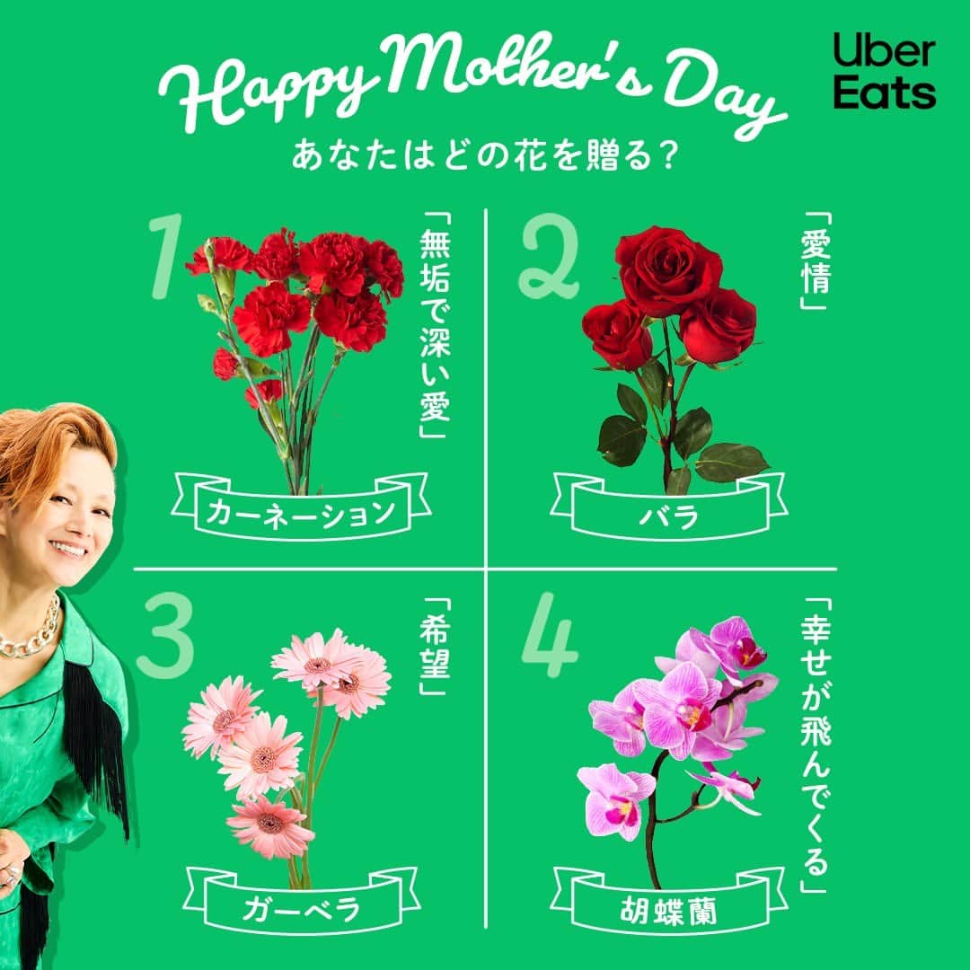 UberEATS_Japanさんのインスタグラム写真 - (UberEATS_JapanInstagram)「. ＼ 5 月 14 日は『#母の日』／ 母の日の花束💐  定番のカーネーションはもちろん 最近はいろんなお花を選ぶ人がいるそう！  あなたがお母さんに贈るのは どんなお花かな？  贈りたいお花をコメント欄で教えてね🙏  Uber Eats ならお花も注文できちゃう✨  母の日は #UberEatsでいーんじゃない？  今なら2023 年 5 月 14 日（日）まで プロモーションコード「ハハノヒ」で 花束などの対象商品を含む 2,800 円以上ごの注文で 300 円 オフ✨(利用条件あり) 詳しくはアプリへ！  ぜひこの期間に、 お母さんに日頃の感謝を伝えませんか？💐  #UberEats  #ウーバーイーツ #家族にうれしいヘルプです #夏木マリ #緑川家 #母の日 #お花 #花束」5月12日 11時00分 - ubereats_japan