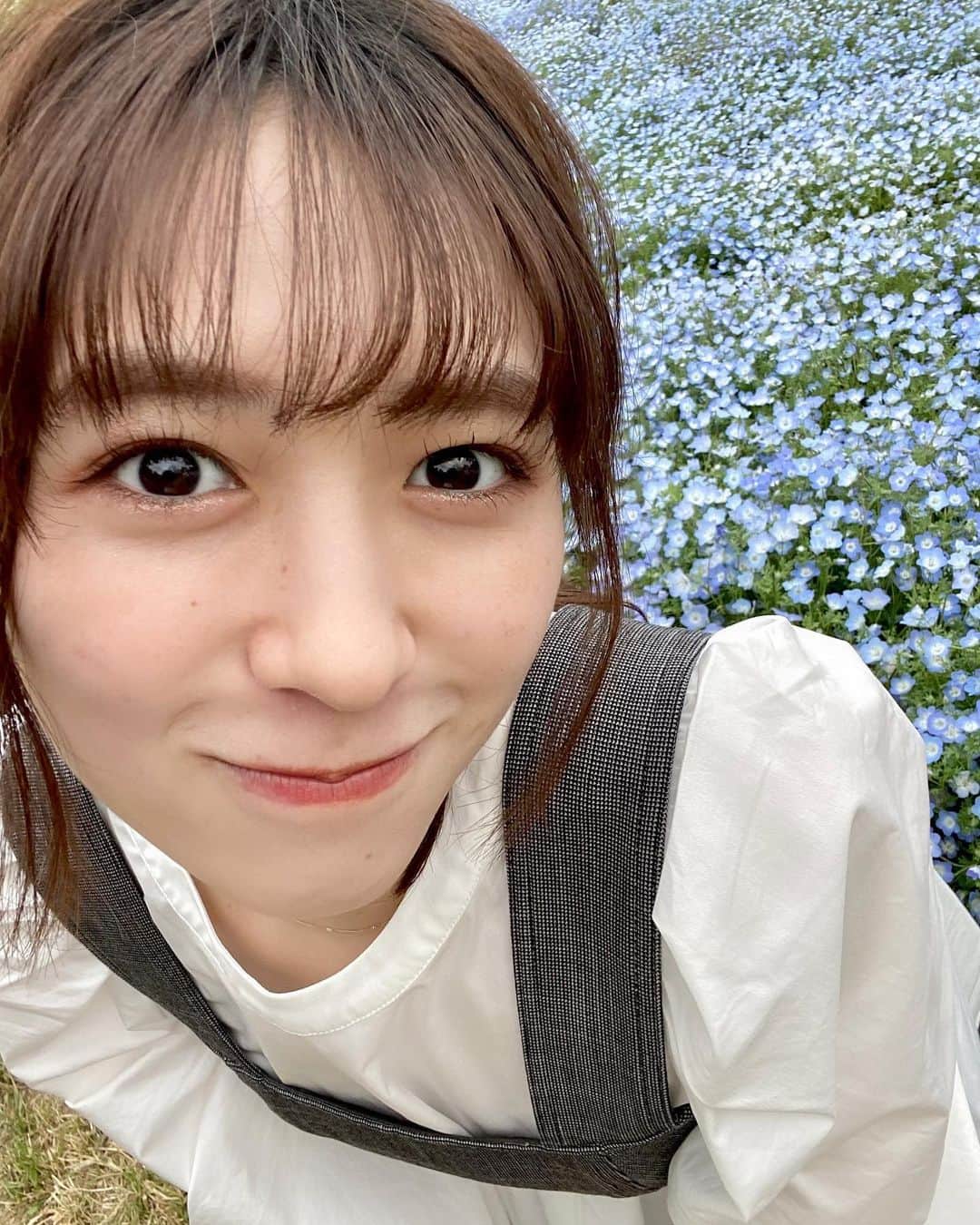 小泉遥香のインスタグラム：「￤𝓷𝓮𝓶𝓸𝓹𝓱𝓲𝓵𝓪…️🩵  ネモちゃん❤︎  を見せたかったんだけどハルちゃんが前に出てきちゃった(ﾉ≧ڡ≦)☆  ずっと見てみたくて見れた瞬間「ネモ！」って叫んじゃった🤣 ネモ！って呼ぶ人たぶんあんま居ないよね😇  #ネモフィラ #お花 #花 #お花見 #昭和記念公園 #デート #アイドル #idol #flowers」