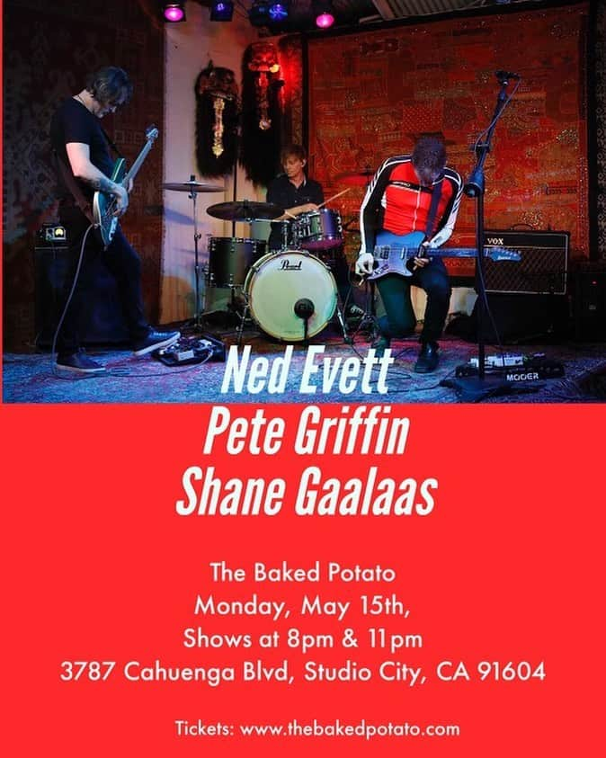 シェーン・ガラースのインスタグラム：「This coming Monday night @bakedpotatojazzclub  come on down and get down with this supercharged power trio! 2 sets of 🔥 @nedevett @petegriffinbass  Tix available on The Baked Potato website  #thebakedpotato #supercharged」