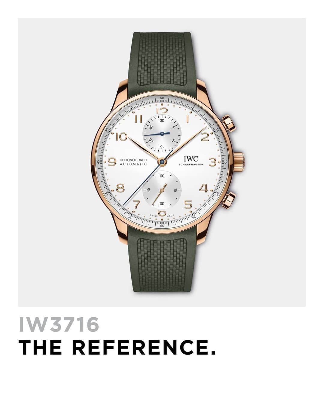 IWCのインスタグラム：「Our #IWCportugieser Chronograph (Ref. IW371611) complemented by an olive green rubber strap has mechanical finesse and looks to match. Its 41mm clear and functional dial it’s encased in an 18 carat 5N gold case with gold Arabic numerals and indicators. Visit your IWC boutique or retailer to discover the variety of strap options available. #TheReference  🔗Link in Bio」