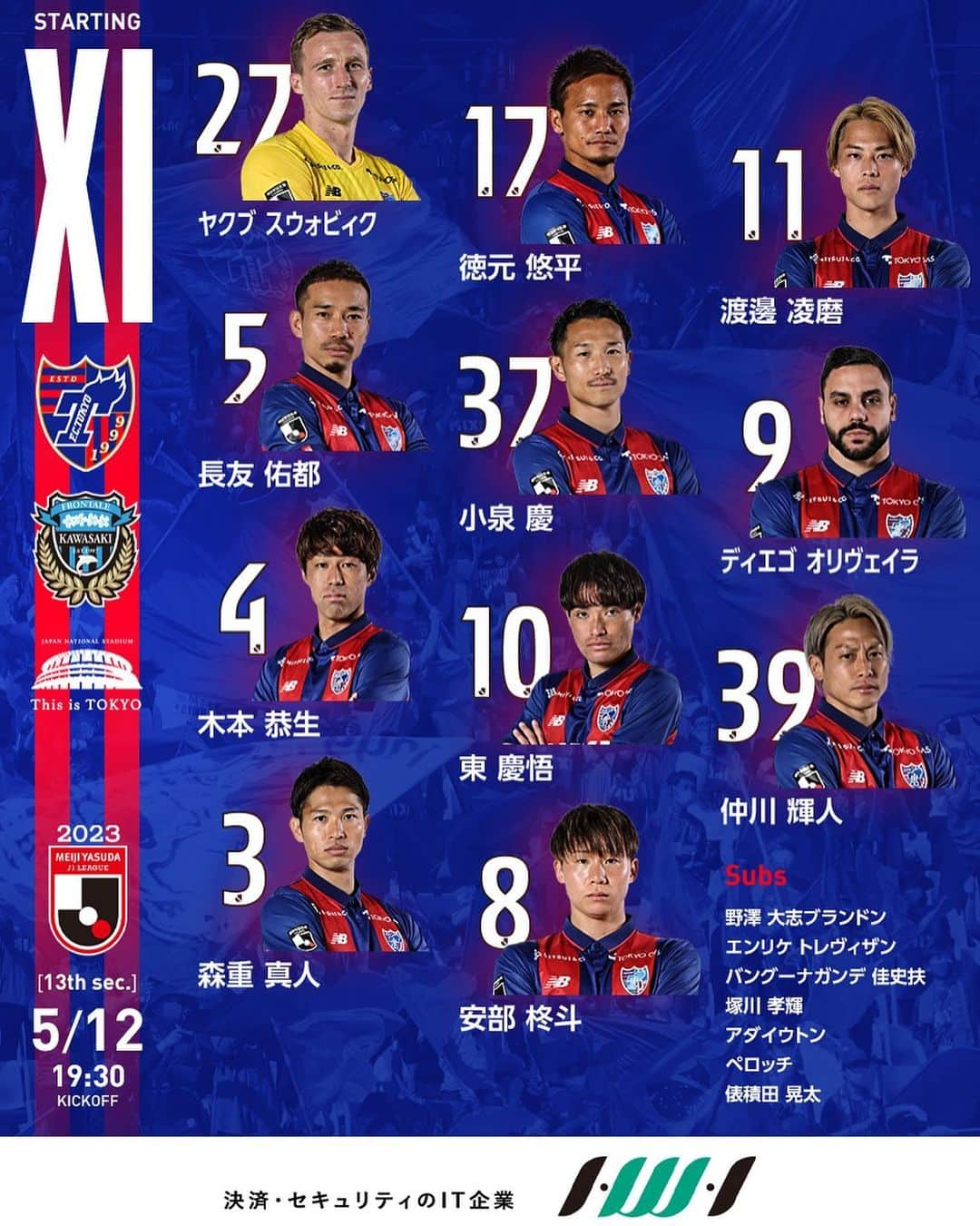 FC東京オフィシャルグッズさんのインスタグラム写真 - (FC東京オフィシャルグッズInstagram)「🔵🔴 𝙎𝙏𝘼𝙍𝙏𝙄𝙉𝙂 𝙓𝙄 supported by インテリジェント ウェイブ  vs #川崎フロンターレ  スターティングメンバーが発表されました!!🔵🔴  @dazn_jpn からもともに!!🔵🔴  @fctokyoofficial  #ThisisTOKYO #多摩川クラシコ #FC東京 #fctokyo #tokyo」5月12日 17時15分 - fctokyoofficial