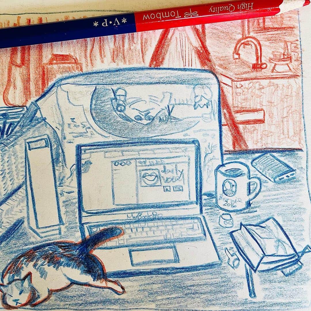 池田有希子さんのインスタグラム写真 - (池田有希子Instagram)「1枚目はおかえりとただいまです。 2枚目は私の勉強机です。  赤鉛筆と青鉛筆、お絵描きをするにはあまり発色がハッキリとはしないので筆圧高くなっちゃいません？もうちょっと慣れてみよう。コンビニで買える色鉛筆なんてありがた過ぎますもの😊  #sketchbook #トンボ鉛筆　#tombowvppencil #illustrationgram」5月12日 21時09分 - yukikoikeda