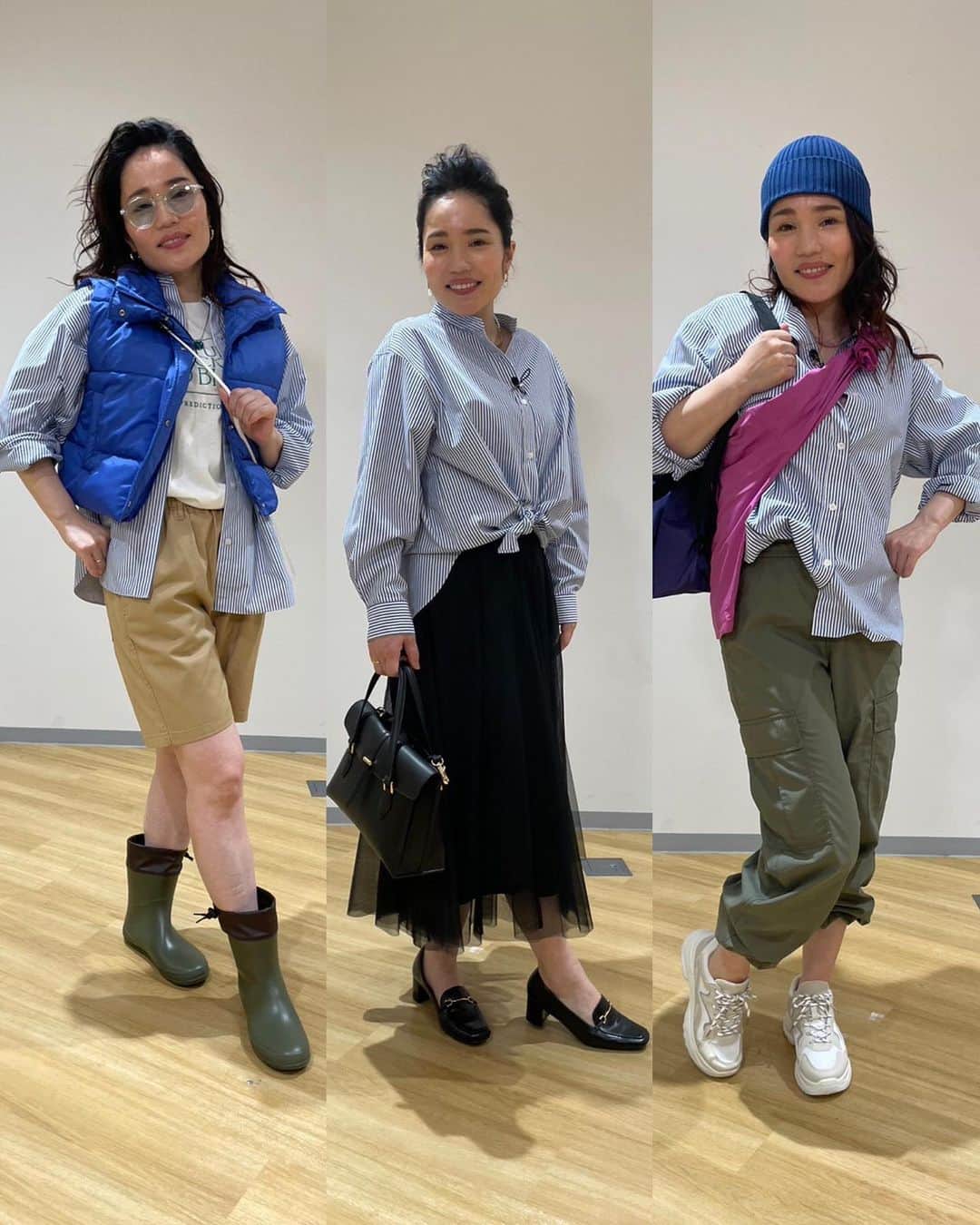 のインスタグラム：「今日のヒルナンデス！で放送した『アンミカさんの着回しコーデ術🕶💕』 1枚のバンドカラーシャツをこんなに着回せるなんておったまげたわよね〜🌈🫶 いろんなア〜タ〜シ〜💙💙💙  #ヒルナンデス #アンミカ先生の着回しコーデ術 #バンドカラーシャツ #平野ノラ #カーキのカーゴパンツ買うか悩む #年々顔長くなるのはなぜなの」